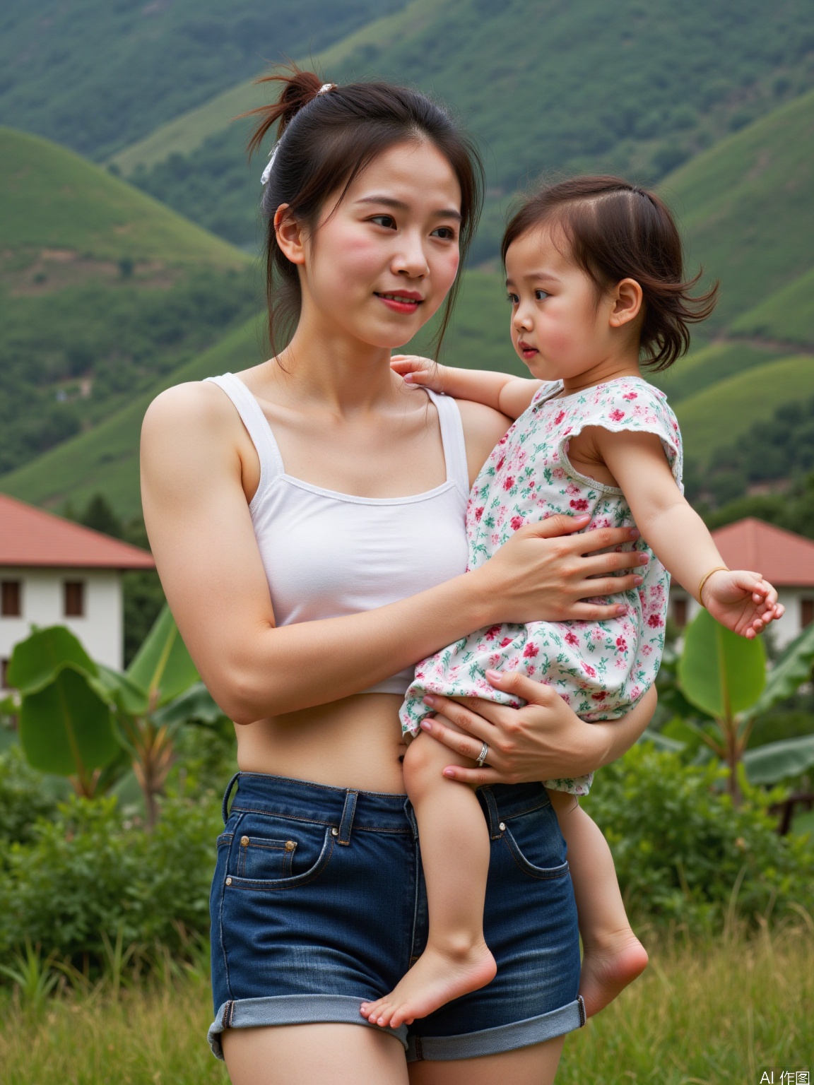 The image shows a young woman wearing a white undershirt and denim shorts, holding a small child dressed in a floral dress. They are standing outdoors, with a blurred background of green hills and traditional-style buildings. The woman has her hair tied up in a bun, and the child appears to be barefoot. The setting suggests a rural or countryside environment.