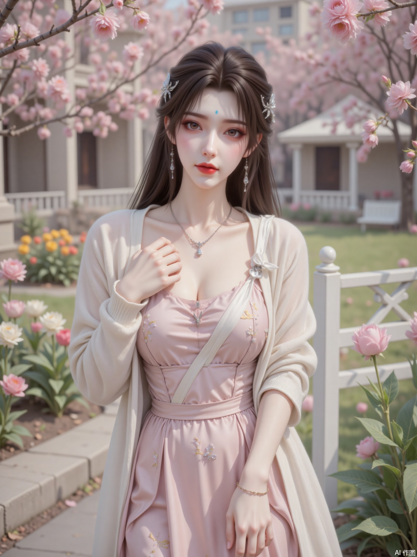 uses a realistic shot of a straight-eyed close-up scene to show a cool and beautiful lady in a spring garden. Her makeup is exquisite and contrasting. Under her curved eyebrows, pink eyeshadows make out gentle eye makeup, but they are paired with sharp black eyeliner. The ends of the eyes are dotted with fine golden sequins, just like the stars of spring. The lip color is a dark brown-red matte texture full of aura, and the peaks of the lips are sharp. The long chestnut hair is permed into large waves, loosely draped on her shoulders, and a white camellia is tied between her hair. She tilted her head slightly, lifted her hair with one hand, her eyes are cold and distant, but the corners of her mouth have a faint smile, elegant and yet cool.
Wearing a light pink silk dress, the fabric is soft and draped, the neckline is a retro square collar design, revealing the exquisite collarbone and the silver snake necklace between the neck; the puff sleeve design adds a girlish feel, and white ribbon is tied to the tight cuffs. The skirt has a large A-shaped shape, length to the middle of the calf, and the skirt is embroidered with lilac vine patterns, which swing gently with the pace. Wear a thin off-white knitted cardigan on the outside, and the hem is tied around the waist at will. He was wearing a pair of colored straps on his feet, his heel was inlaid with transparent crystal decoration, a simple pearl bracelet on his wrist, and a small white leather mini bag was cross-body around his waist, and a silver bell was hung on the chain.
The bright sunlight shone through the cherry blossom trees in the garden, sprinkling mottled light and shadow on her body. The pink cherry blossoms fell in the wind, falling on her shoulders and hair. Surrounded by blooming tulips and roses, flowers of all colors compete for beauty, in the distance there is a white carved fence, outside the fence is a large green lawn, with colorful picnic mats and flower baskets dotted on the lawn. The whole scene is full of the brightness and vitality of spring, but it adds unique charm to its cold temperament. "