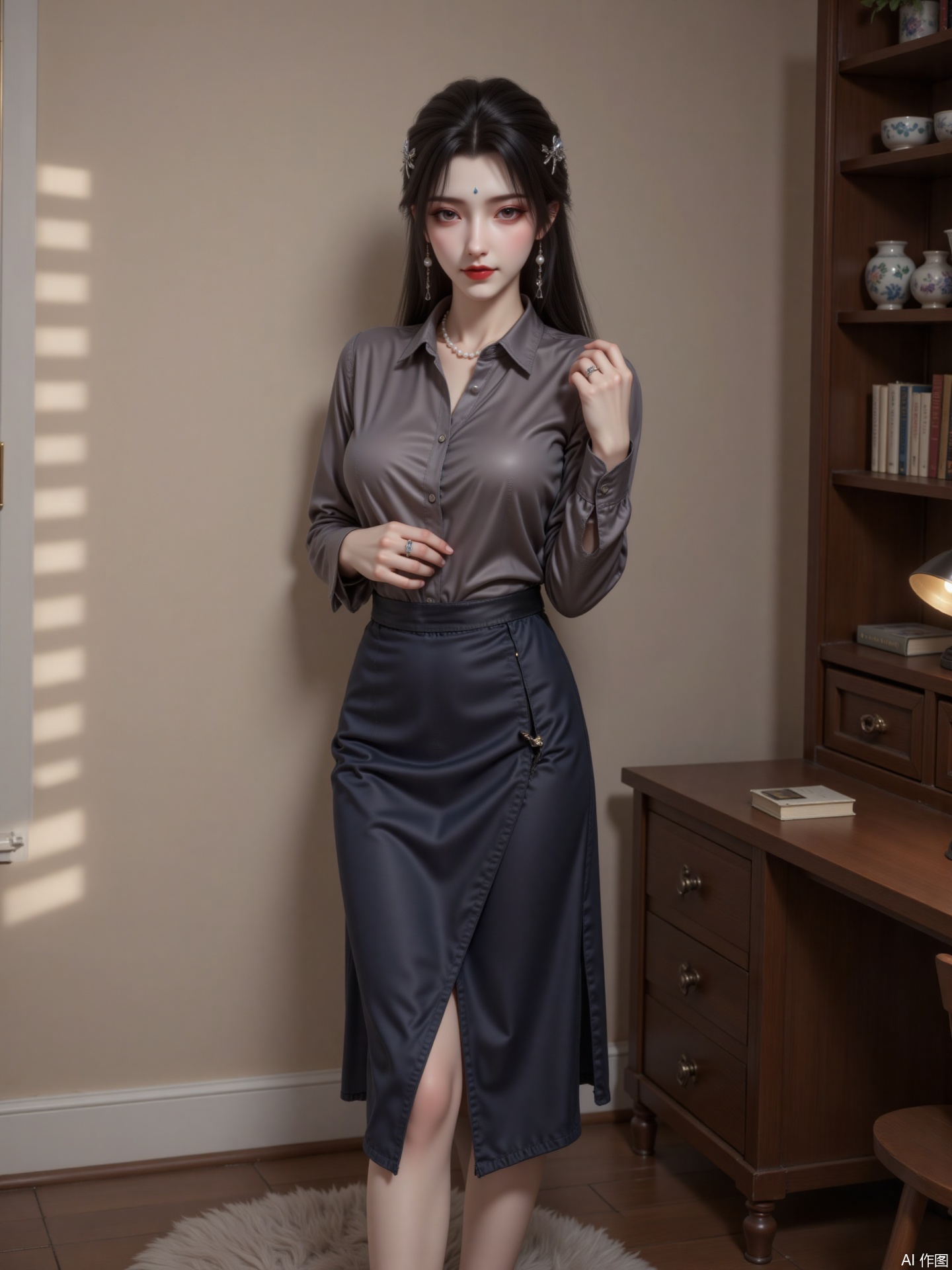 25-year-old oriental woman with cold porcelain and white skin. Long black hair with low slings, broken hair, and silver-shaped hairpin. Pseudo-free makeup: wild eyebrows, inner eyeliner, bean paste lips, cinnamon-colored contouring with the tip of the nose. Standing 45°, pinch your hairpin with your right hand, touch the hem of your skirt with your left hand, smile gently and your jawline elegantly.
Smoky grey silk shirt (asymmetrical neckline + pearl pin), dark grey blue wool skirt (pleated hem + leather belt). Pearl necklace, geometric silver earrings, ring finger Topaz silver ring. Black lambskin loafers (3cm heel + metal buckle).
In the afternoon, natural light is emitted obliquely (45° on the upper left), the cheek on the right side has a junction of light and darkness, and the hair is outlined with gold edges. Beige wall + solid wood flooring, low saturated Morandi tone, 5%-8% grainy, quiet and elegant atmosphere.
Realism, 85mm portrait lens, medium-close composition (2/3 of the characters), slightly upside down 0.5° prominent posture, background blurred retains bookshelf/blind contours.
Retro study: walnut bookshelves (old books + ceramic ornaments), solid wood desk (desk lamp + notebook), half-open shutters cast parallel light and shadow, corners of the wall, wool carpet on the floor and wooden floor splicing. "