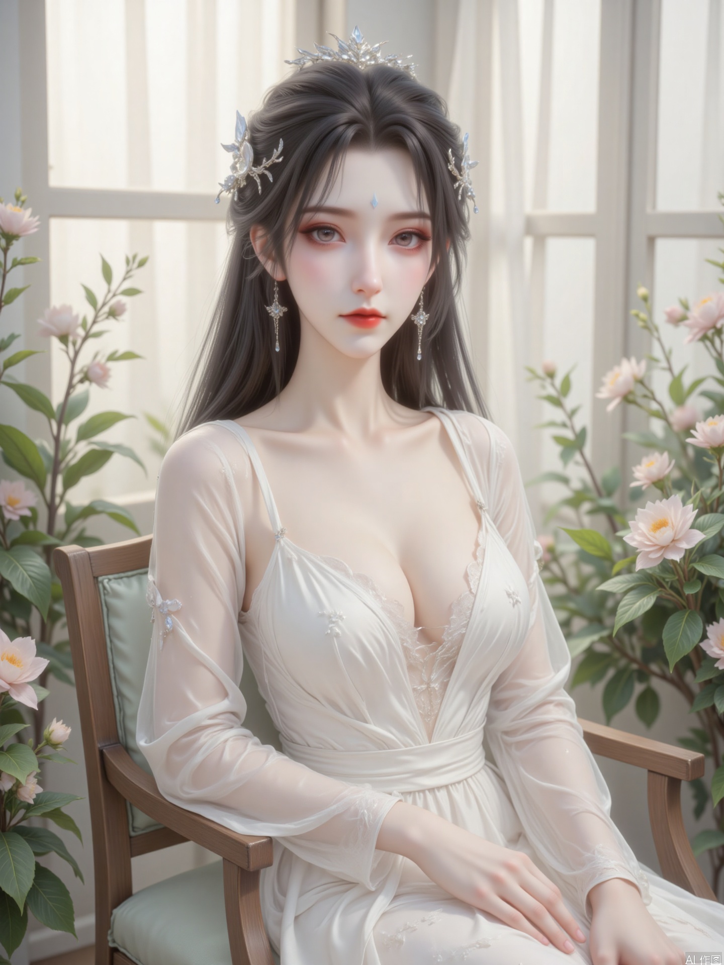 The image depicts a young woman sitting on a wooden chair with a light green cushion. She is dressed in a flowing white gown that drapes elegantly around her. Her hair is long and dark, styled with delicate white accessories that complement her outfit. She is positioned in a serene indoor setting, surrounded by lush green plants and blooming flowers in shades of white and pink. The background features a large window with sheer curtains allowing soft natural light to illuminate the scene. The overall atmosphere is tranquil and ethereal, with a focus on the woman's graceful appearance and the delicate details of her attire and surroundings.