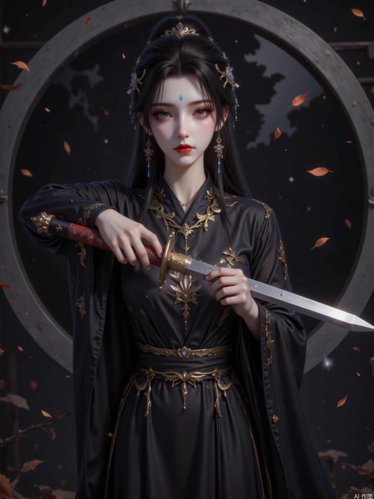 The image depicts a young woman dressed in traditional black attire with intricate gold embroidery. She is holding a katana sword with a silver blade and a red and gold hilt, poised for action. Her hair is styled in a neat bun, and she has striking blue eyes. The background features a circular mirror-like structure with a dark, abstract design, and there are floating orange leaves scattered around. The overall scene has a serene yet dynamic atmosphere.