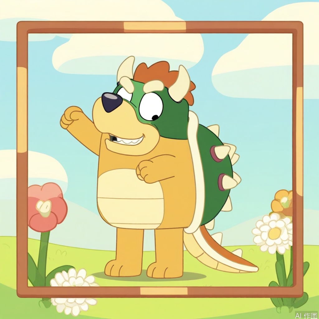 A full-body illustration of Bowser in Bluey style, framed centrally with a playful pose. He's standing on a vibrant grassy hill under a bright blue sky, smiling joyfully. The scene features simplified cartoon shading, bold outlines, and pastel hues. Lighting is soft and even, emphasizing rounded forms. Composition includes scattered wildflowers around Bowser, maintaining Bluey's characteristic whimsical art style while retaining Bowser’s iconic shell, spikes, and menacing yet comical expression.