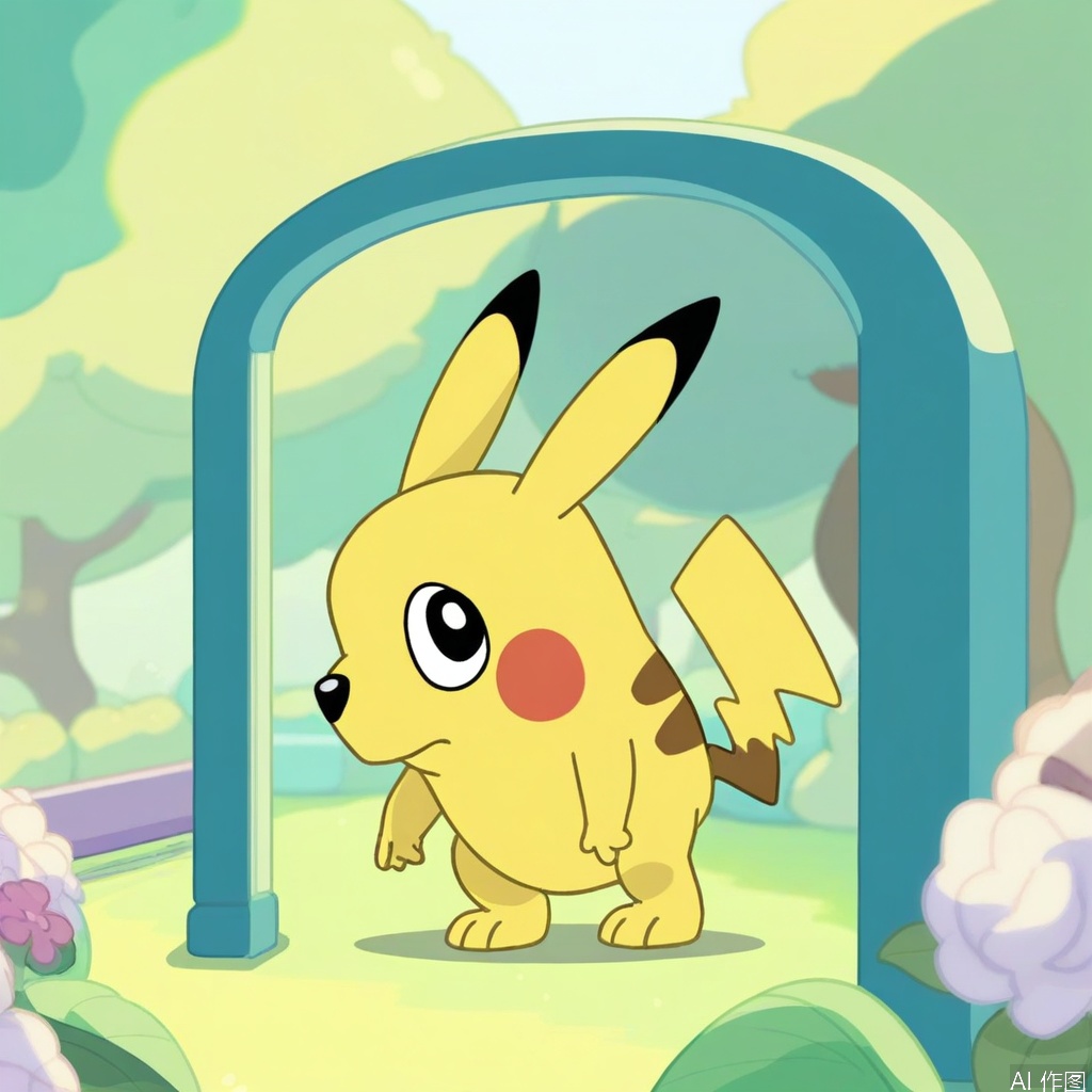 A Bluey-style Pikachu, framed in a close-up against a bright, sunny Australian park background. Soft natural lighting highlights Pikachu’s round cheeks and curious eyes, capturing its playful spirit. Pikachu is crouched playfully, ears perked up, tail curled playfully, exuding energetic curiosity. The composition focuses on casual, friendly vibes with scattered flowers and toys around. Keywords: Bluey, Pikachu, sunny park, soft lighting, playful pose, curious expression, energetic charm, Australian setting.