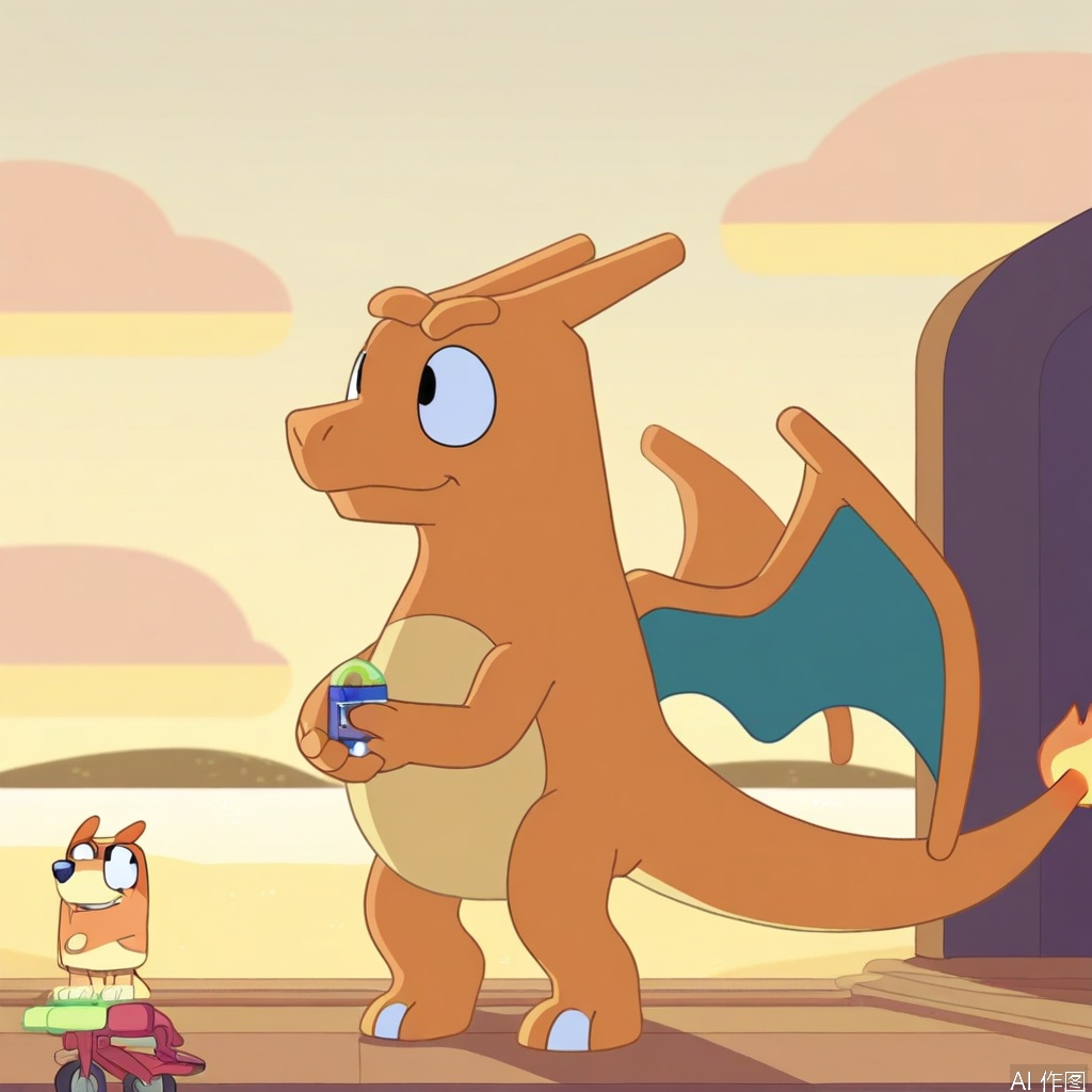 A Bluey-style Charizard, framed in a medium shot against a vibrant Australian suburban backdrop. Soft golden hour lighting casts warm tones on Charizard's scales, while shadows define its muscular physique. Charizard adopts a playful pose, head tilted slightly with an inviting expression, reminiscent of Bluey's energetic charm. The composition emphasizes casual family dynamics, incorporating everyday objects like toys scattered around. Keywords: Bluey, Charizard, suburban setting, warm lighting, playful pose, toys, energetic vibe, Australian feel.
