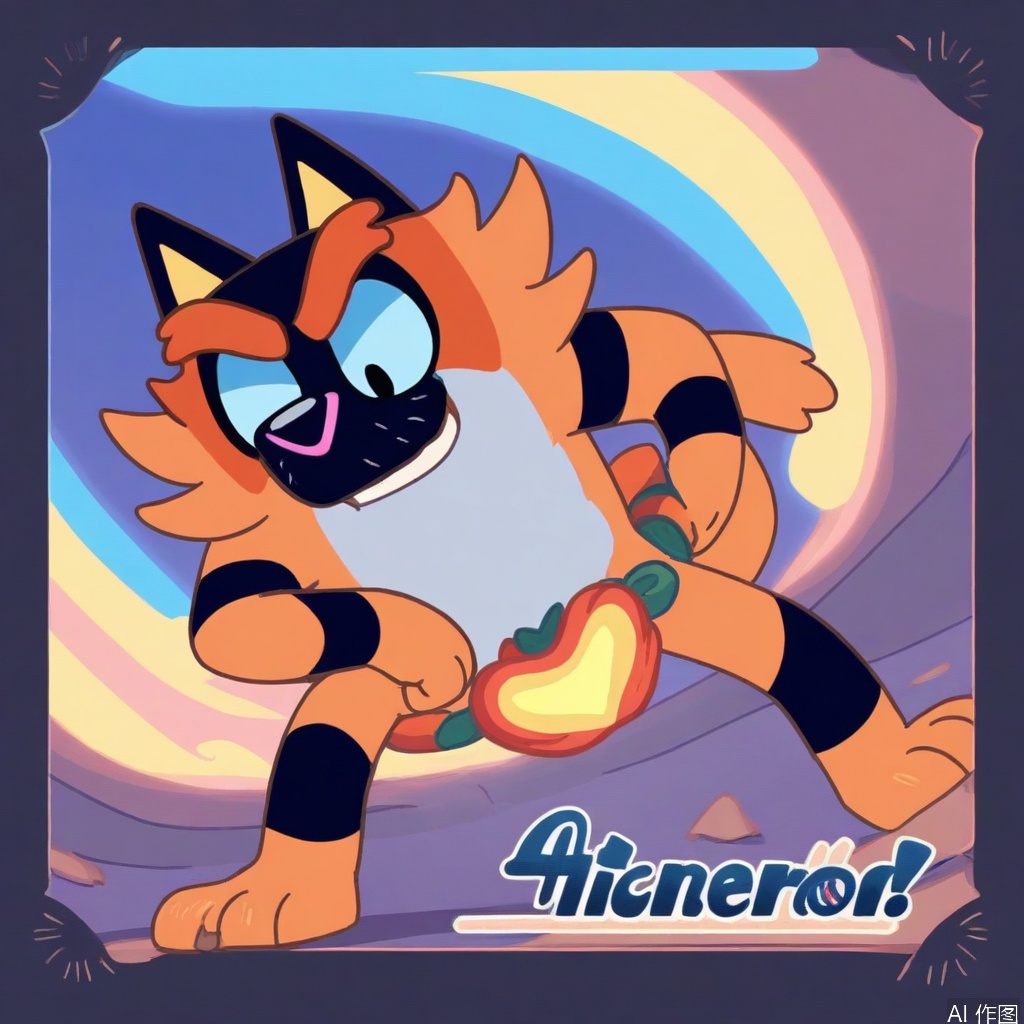 A Bluey-style Incineroar, framed in a playful, dynamic composition. Incineroar is depicted with the characteristic Bluey color palette and rounded shapes, maintaining its proud stance and determined expression. Set against a vibrant, simplified background typical of Bluey scenes. Lighting is soft and even, highlighting Incineroar's joyful yet competitive pose. Keywords: cartoon, colorful, energetic, simplified lines, family-friendly, Australian animation style, cheerful atmosphere, character illustration.