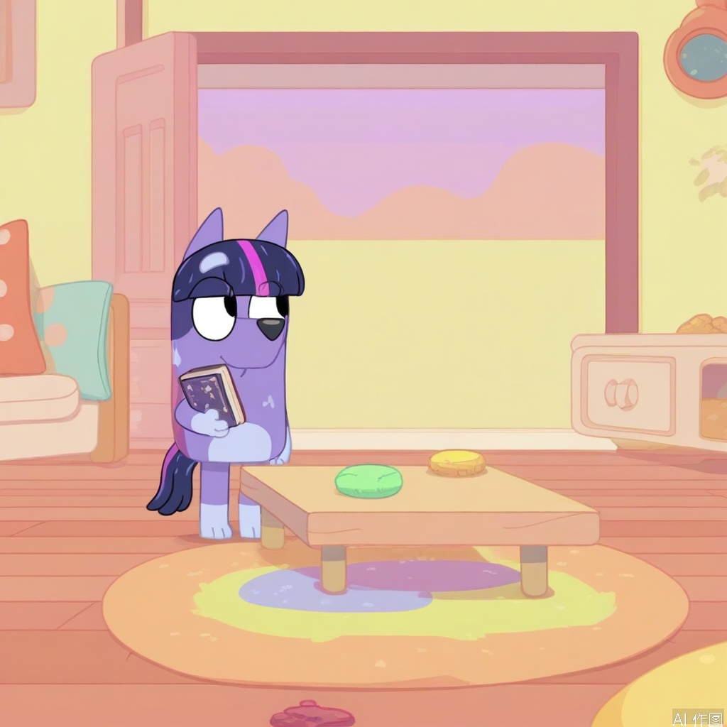 A Bluey-style Twilight Sparkle, wide shot, playful cartoon rendering, vibrant colors, set in an open living room with soft afternoon lighting. Twilight poses cheerfully, her body tilted slightly forward, holding a book in one hoof while gazing curiously at the camera. The background features warm wooden floors, colorful cushions, and scattered toys, creating a cozy atmosphere. Simple lines define her form, capturing Bluey’s whimsical art style with rounded shapes and exaggerated proportions. Keywords: cartoonish, cheerful, indoor scene, pony character, animated, pastel tones.