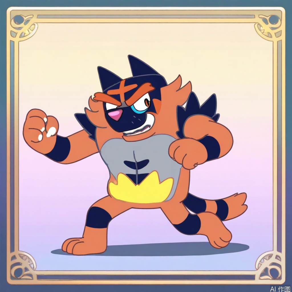 A Bluey-style Incineroar, framed in a playful, dynamic composition. Incineroar is depicted mid-action, striking a confident pose with exaggerated limbs and rounded shapes typical of Bluey characters. Set against a vibrant, pastel-colored background with soft lighting that highlights its bold black outlines. The scene captures Incineroar's joyful energy, with detailed textures on its fur and dramatic shadows enhancing depth. Keywords: cartoonish, colorful, energetic, rounded forms, playful framing, character design, animated style, Bluey-inspired, Incineroar.