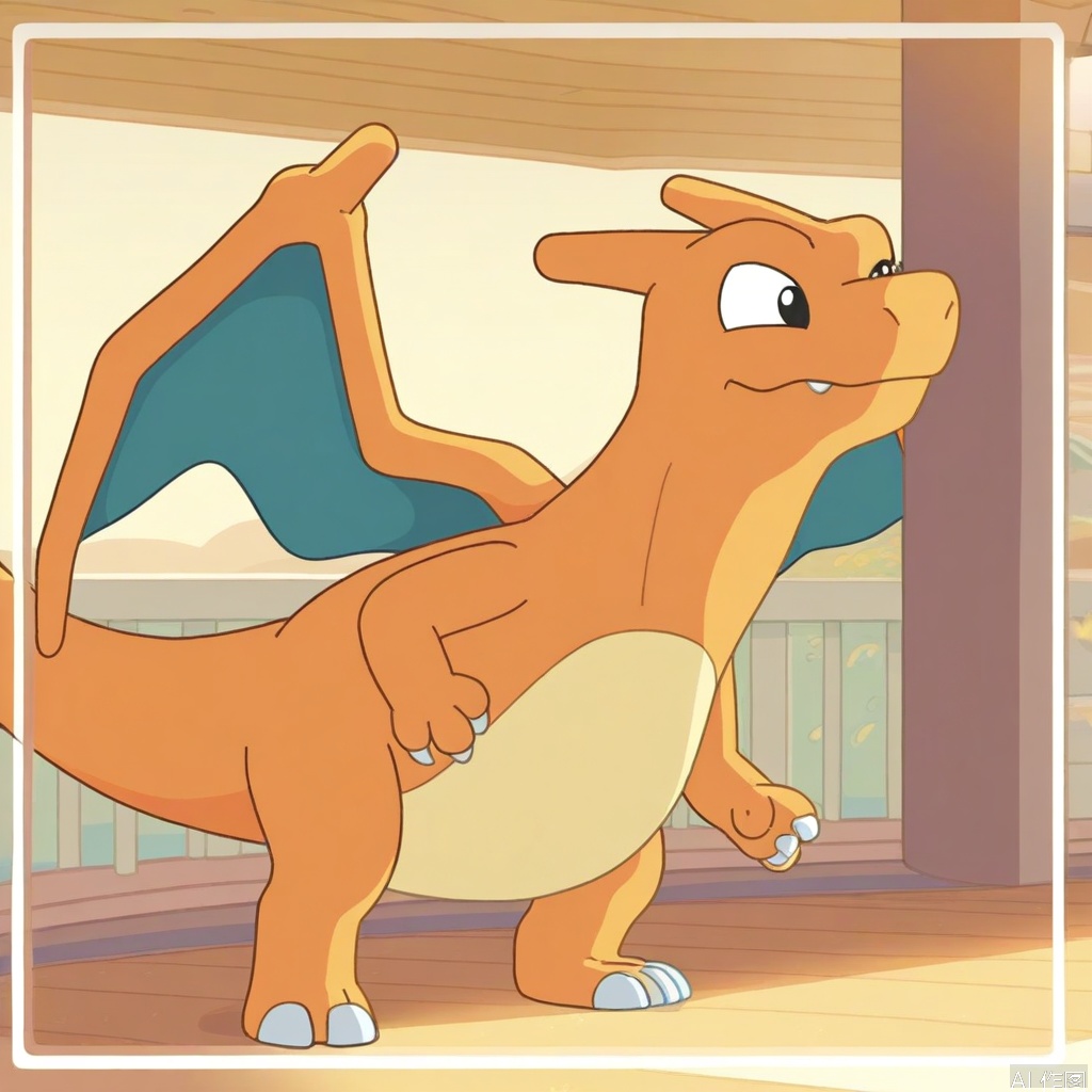A Bluey-style Charizard, framed in a medium shot against a vibrant Australian suburban backdrop. Soft golden sunlight illuminates the scene, casting warm tones on Charizard's scales while maintaining Bluey's characteristic bright color palette. Charizard strikes a playful yet confident pose, reminiscent of Bluey's energetic antics. The composition features dynamic angles and exaggerated proportions typical of Bluey artwork, with Charizard interacting with everyday objects found in an Australian home, blending fiery dragon elements with the whimsical world of Bluey.