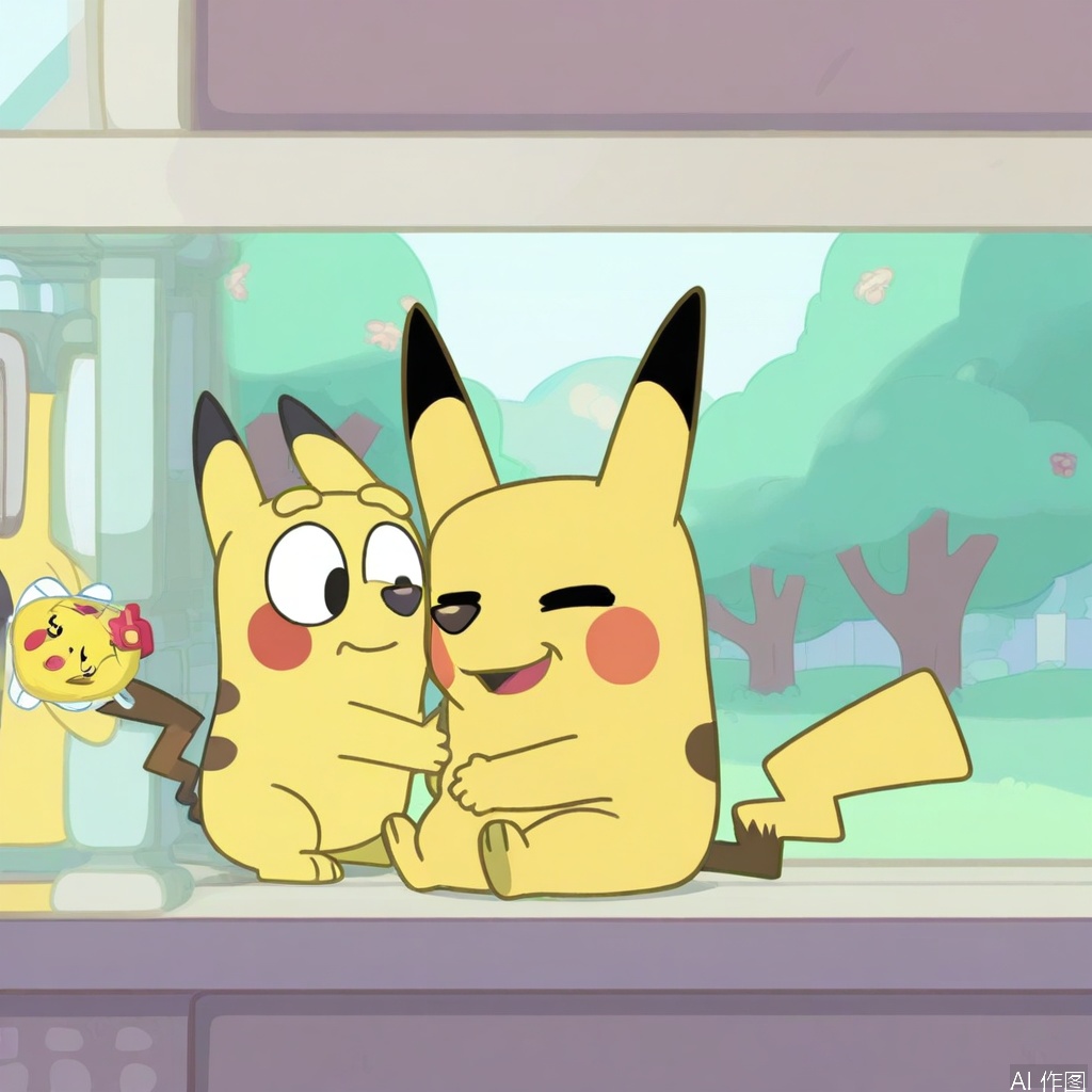 A Bluey-style Pikachu, framed in a medium shot against a pastel-colored suburban backdrop. Pikachu exhibits playful curiosity with an exaggerated pose, ears perked up, and a joyful expression. Soft natural lighting enhances the cartoonish yet slightly realistic textures of its yellow fur contrasting with Bluey's signature blues and pinks in the environment. Composition includes scattered toys and household items to emphasize childlike wonder and imagination. Pikachu interacts dynamically within this world, maintaining Bluey’s unique artistic flair while staying true to Pikachu's iconic features.