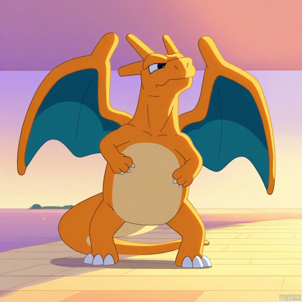 A Bluey-style Charizard, framed in a mid-shot against a vibrant Australian suburban backdrop. Soft golden hour lighting casts warm tones on Charizard's scales, while shadows define its muscular physique. Charizard adopts a playful yet heroic pose, reminiscent of Bluey's energetic spirit. The composition emphasizes dynamic movement and friendly charm, with bold outlines and saturated colors typical of Bluey’s art style. Keywords: Bluey, Charizard, suburban setting, warm lighting, playful action, bold outlines, saturated colors, mid-shot framing.