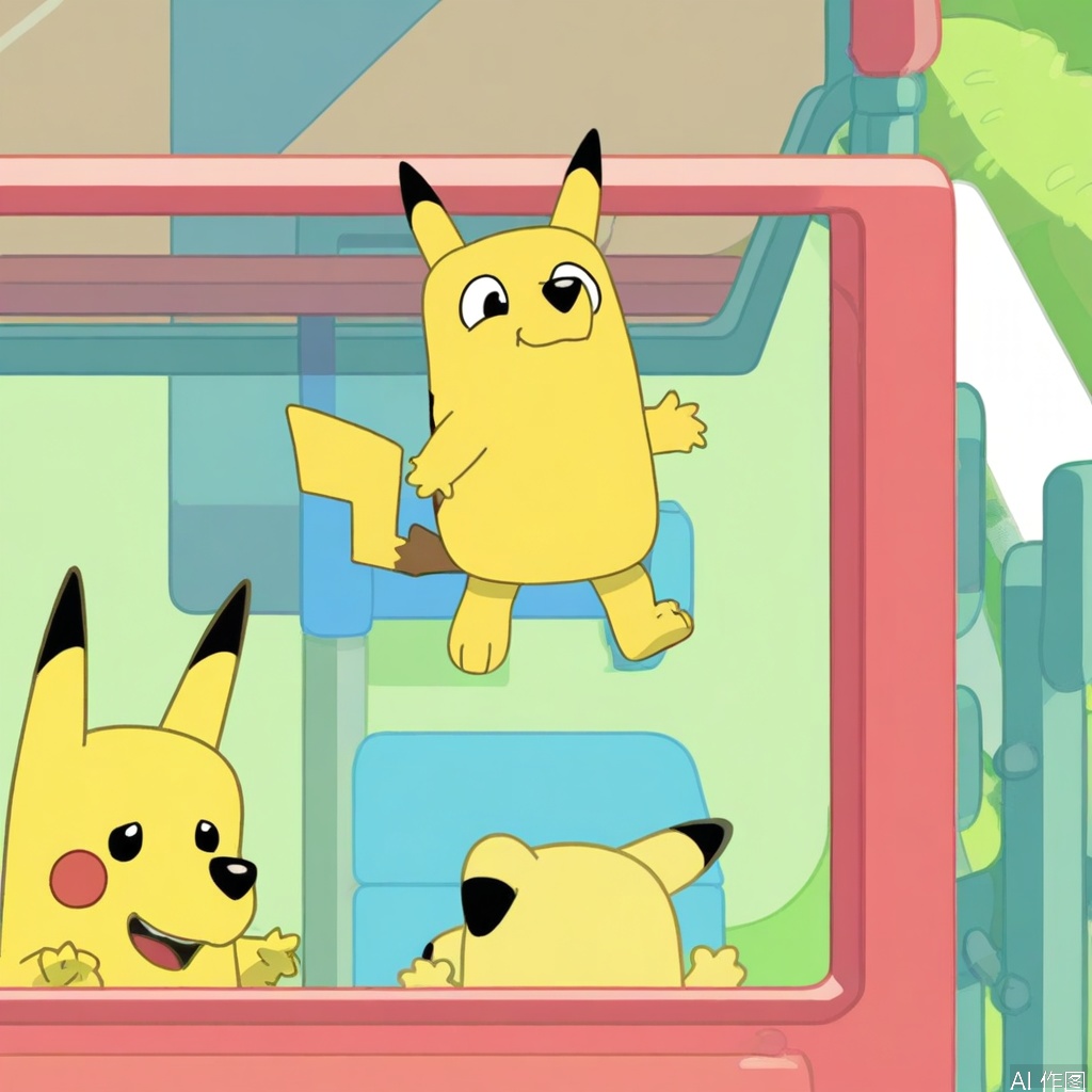 A Bluey-style Pikachu, framed in a medium shot against a vibrant suburban backdrop. Pikachu exhibits an energetic pose, ears perked, tail curled playfully, with exaggerated cartoonish features akin to Bluey's animation style. Soft diffused lighting highlights Pikachu's cheerful expression and rounded forms. The composition emphasizes dynamic movement and whimsicality, incorporating familiar objects like playground equipment. Colors are bold yet harmonious, maintaining both Bluey’s and Pikachu’s iconic palettes. A scene filled with fun, imagination, and playful energy.
