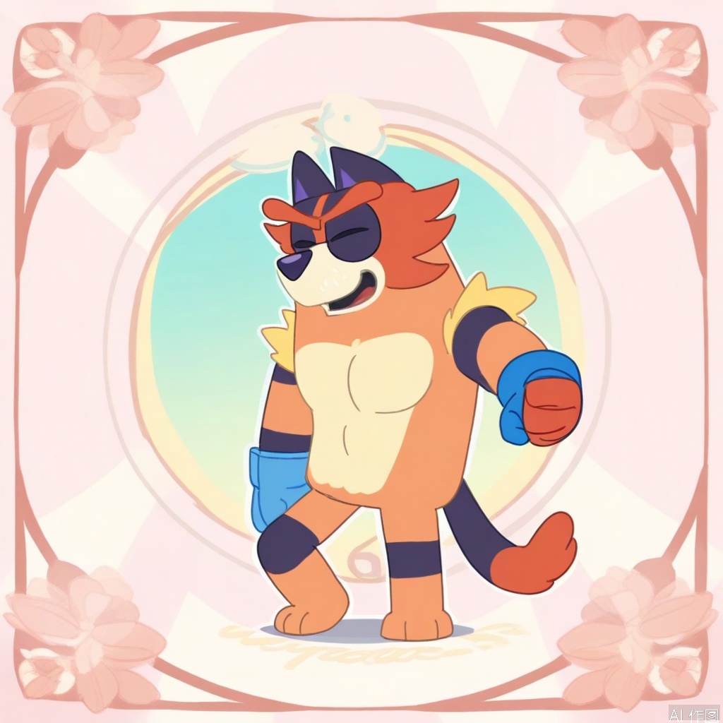 A mid-shot illustration of Incineroar in Bluey style, framed with a playful stance on a vibrant pastel-colored stage. Soft lighting highlights its rounded, exaggerated features with warm tones. It wears a blue and white boxing glove, one paw raised triumphantly. The background features scattered circular patterns and a light pink hue. Keywords: cartoon, character redesign, joyful expression, dynamic pose, simplified details, family-friendly, whimsical atmosphere, Australian animation influence, Pokémon reimagined.