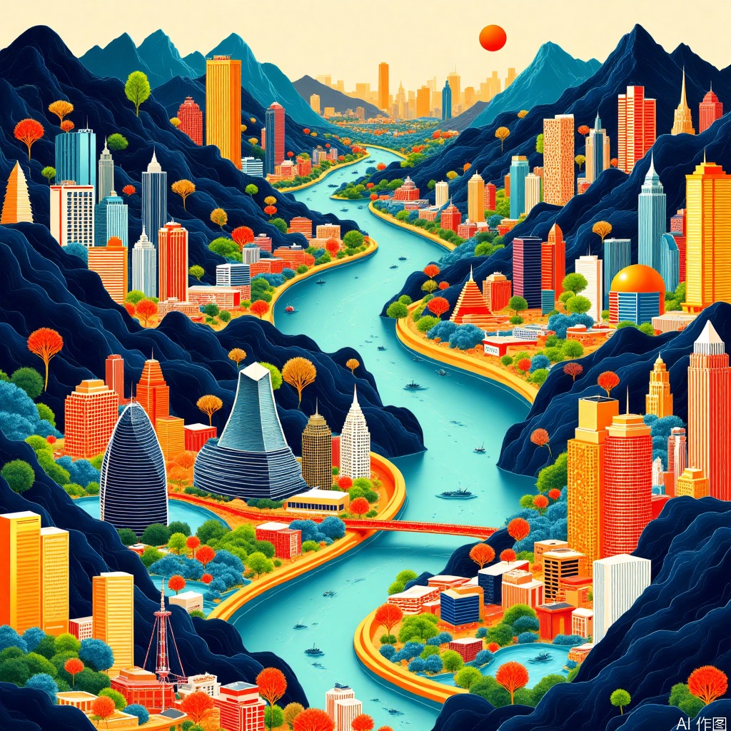 r,Chinese painting in landscape style,Dopamine city,Exotic scene,Memphis style illustration