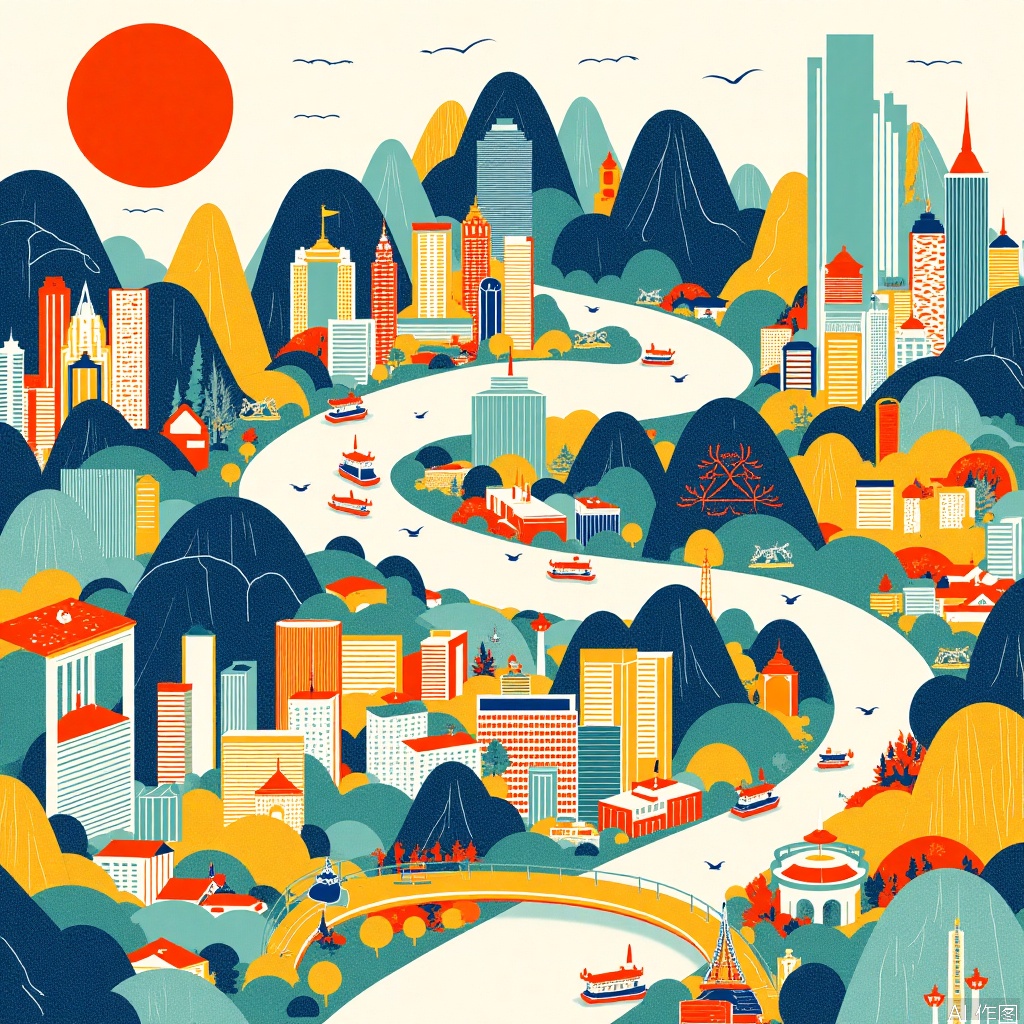 ,Traditional Chinese painting,Memphis style illustration