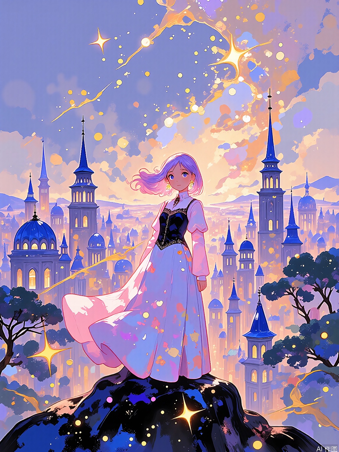 LCCH, A bright illustration of a young girl with pink and purple hair, standing on a hilltop overlooking a magical, sunset-lit cityscape. The girl has wide, dreamy eyes and a flowing, whimsical dress. The background showcases a sprawling metropolis with towering spires and glowing windows, bathed in warm, golden light. The style is enchanting and fantastical, capturing the girl's sense of wonder and adventure. The illustration has a soft, luminous quality, with delicate, swirling lines