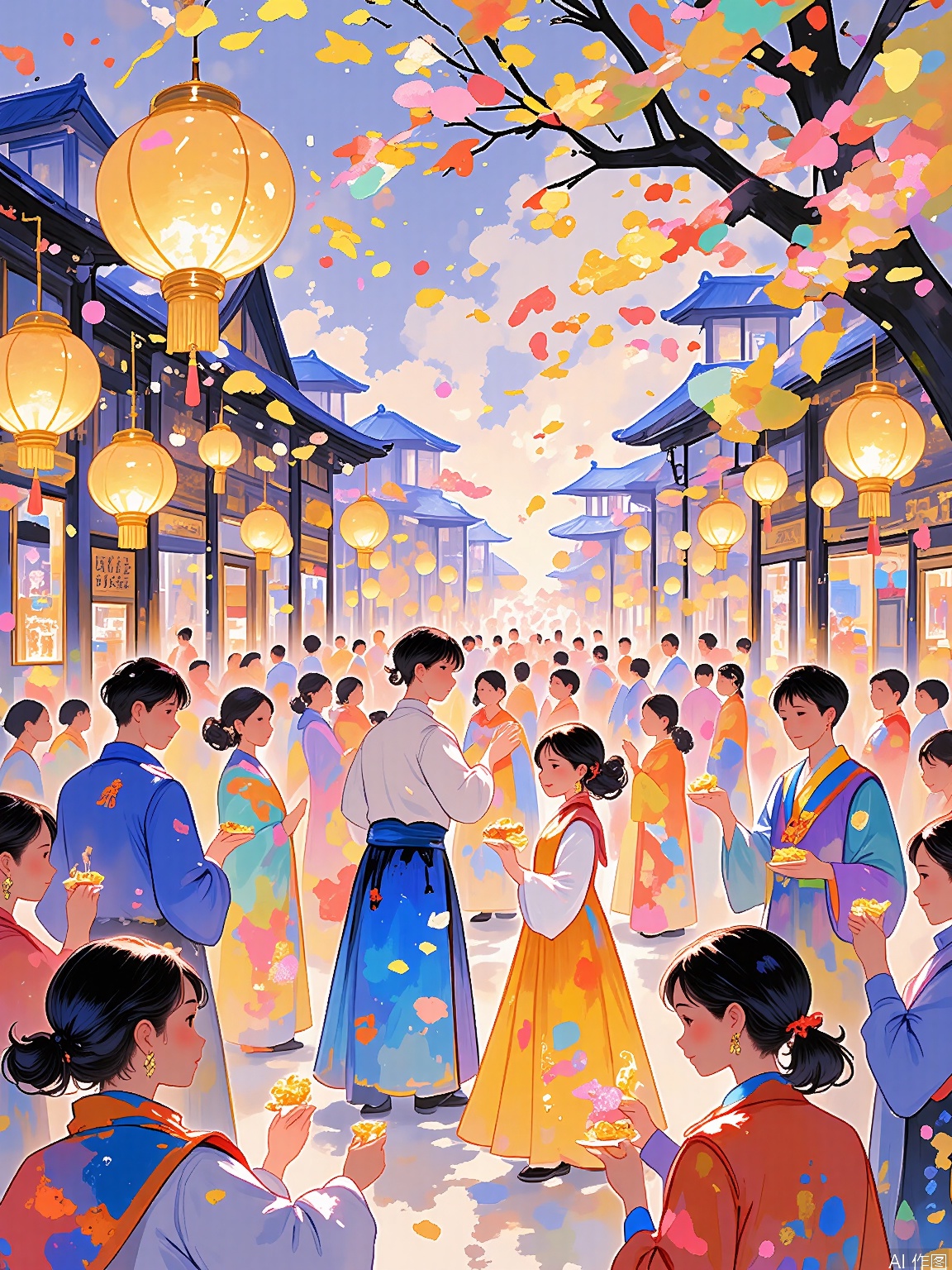 LCCH, A cheerful illustration of a festival celebrating the changing of the seasons, with people dancing, singing, and enjoying traditional foods. The festival is filled with color and music, and everyone is dressed in bright, festive clothing. The background showcases a vibrant, lively atmosphere with decorations and lanterns. The style is celebratory and festive, capturing the joy and spirit of the season. The illustration is filled with dynamic lines and vibrant hues.