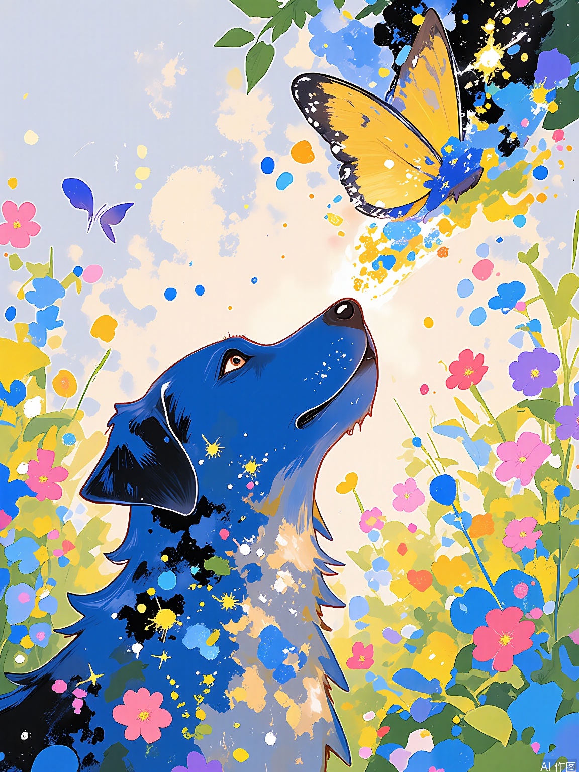 LCCH, A vibrant illustration of a golden retriever with blue and yellow highlights, gazing at a sunlit meadow with butterflies fluttering around. The dog has sparkling brown eyes and a sleek, shiny coat. The background showcases a bright, colorful landscape with various hues of green, yellow, and pink, filled with blooming flowers and a sense of joy. The style is lively and uplifting, with an emphasis on the dog's playful and content expression. The illustration has a dynamic, textured look, with bold, energetic lines.
