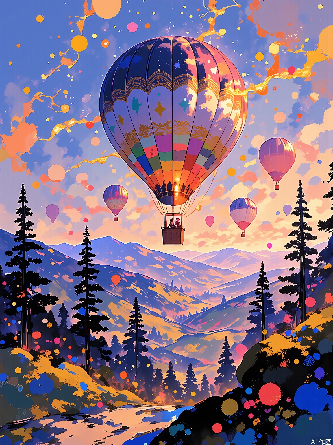 LCCH, A bright and bold illustration of a hot air balloon soaring over a picturesque countryside at sunset. The balloon is adorned with vibrant patterns and colors, and the passengers are enjoying the breathtaking view. The background showcases rolling hills, lush forests, and a sky ablaze with reds, oranges, and purples. The style is adventurous and romantic, capturing the thrill and magic of flight. The illustration has a rich, textured look, with layers of color and detail.