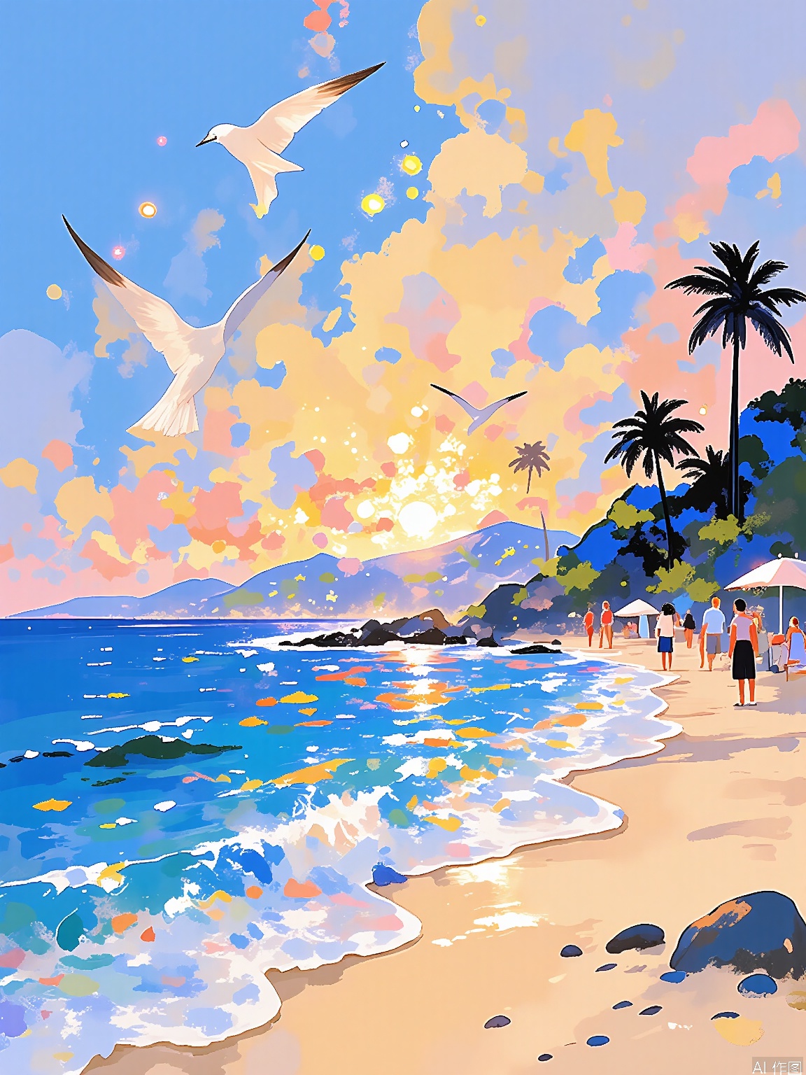 LCCH, A bright and colorful depiction of a beach at sunrise, with waves crashing on the shore and seagulls flying overhead. The sand is golden and warm, and people are beginning to enjoy the day. The background features a stunning sunrise with hues of pink, orange, and yellow. The style is uplifting and serene, highlighting the beauty and tranquility of the ocean. The illustration is filled with light and movement, with soft, flowing lines.