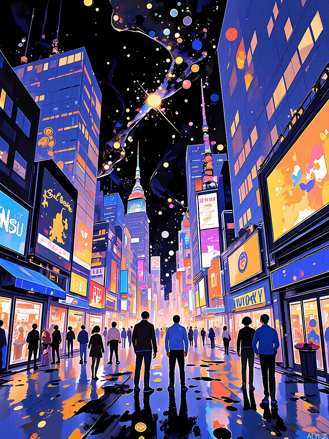 LCCH, A vibrant portrayal of a city skyline at night, with towering skyscrapers and bright, neon lights. The scene is alive with energy and movement, as people go about their evening activities. The background features a dark, starry sky with a sense of mystery and possibility. The style is modern and dynamic, capturing the excitement and vibrancy of city life. The illustration has a sleek, polished look, with bold, contrasting colors.