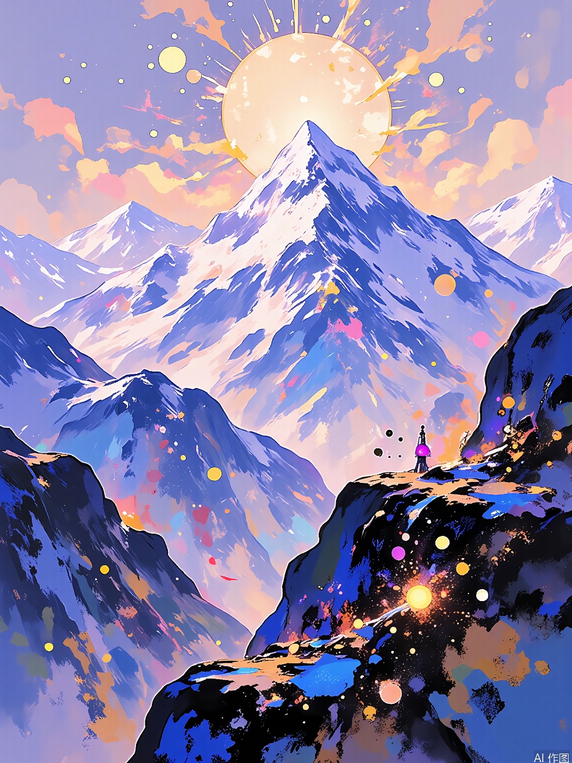 LCCH, A vibrant portrayal of a mountain landscape at dawn, with snow-capped peaks and a glowing sunrise. The scene is serene and majestic, with a sense of awe and wonder. The background features a vast, open sky with hues of pink, orange, and gold. The style is epic and breathtaking, capturing the grandeur and beauty of nature. The illustration has a rich, textured look, with layers of color and detail.
