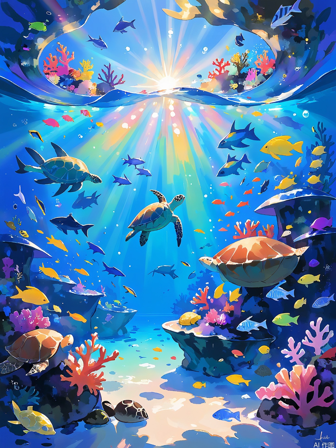 LCCH, A dazzling underwater reef teeming with marine life. Coral in every color of the rainbow forms a backdrop for schools of fish and graceful sea turtles. Sunlight filters through the water, creating a mesmerizing play of light and shadow. The style is vibrant and awe-inspiring.