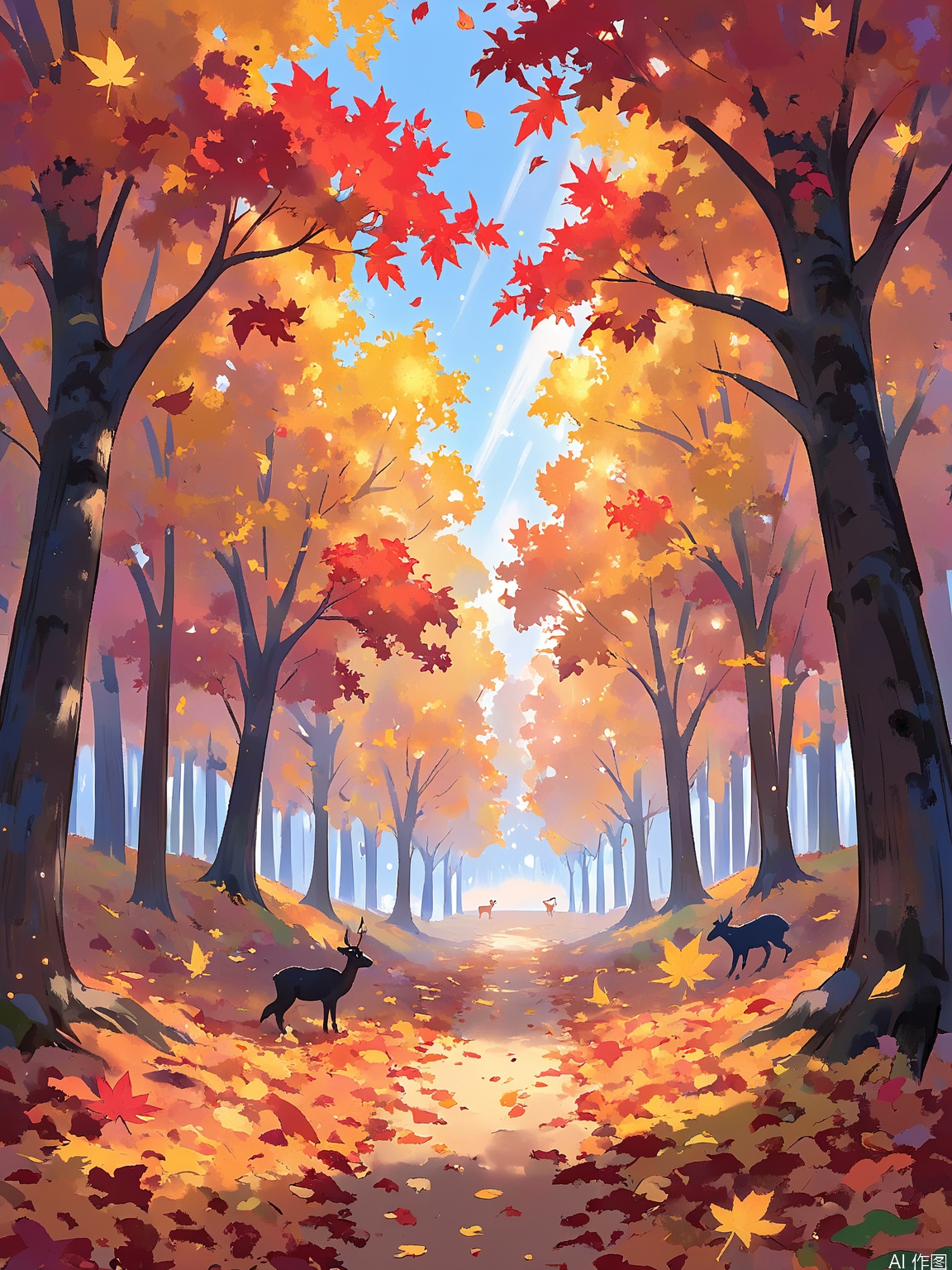 LCCH, A luminous autumn forest with trees ablaze in shades of red, orange, and yellow. Leaves crunch underfoot, and a crisp breeze blows through the air. Animals forage for food, preparing for the winter ahead. The style is nostalgic and peaceful.