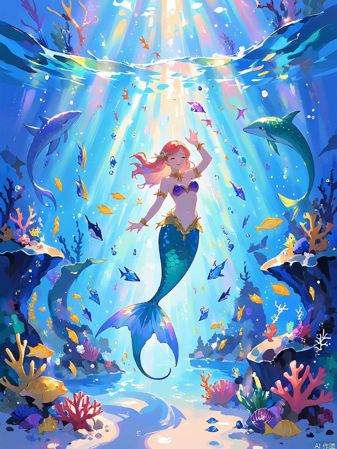 LCCH, A vibrant scene of a mermaid splashing in a crystal-clear lagoon, surrounded by coral reefs and exotic sea creatures. The mermaid's tail shimmers with iridescent scales, and the water sparkles under the sunlight. The style is lively and luminous, capturing the joy and freedom of the underwater world.