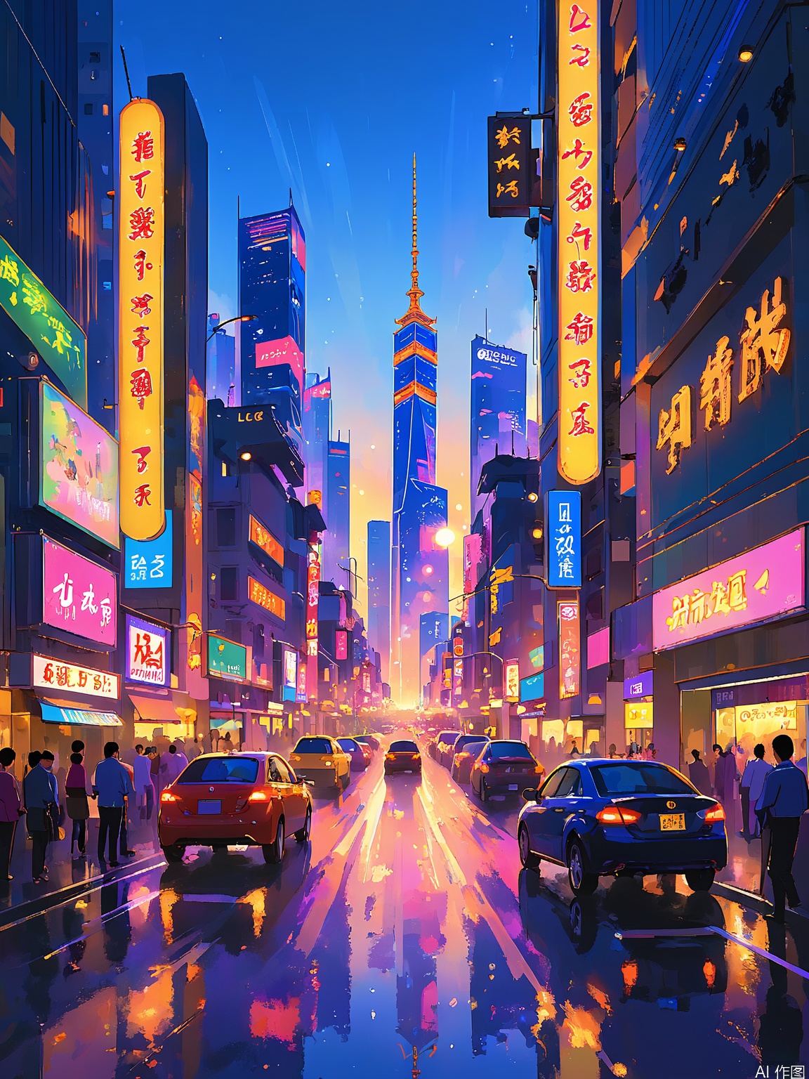 LCCH, A dazzling cityscape at sunset, with towering skyscrapers reflecting the golden light. Traffic streams through the streets, and neon signs illuminate the night. The mood is vibrant and energetic, capturing the hustle and bustle of urban life.