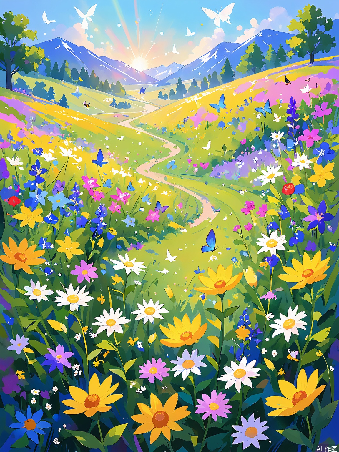 LCCH, A radiant spring meadow with wildflowers blooming in every direction. Butterflies and bees buzz from flower to flower, and birds sing their melodious songs. The air is fresh and invigorating, and the colors are bright and cheerful.