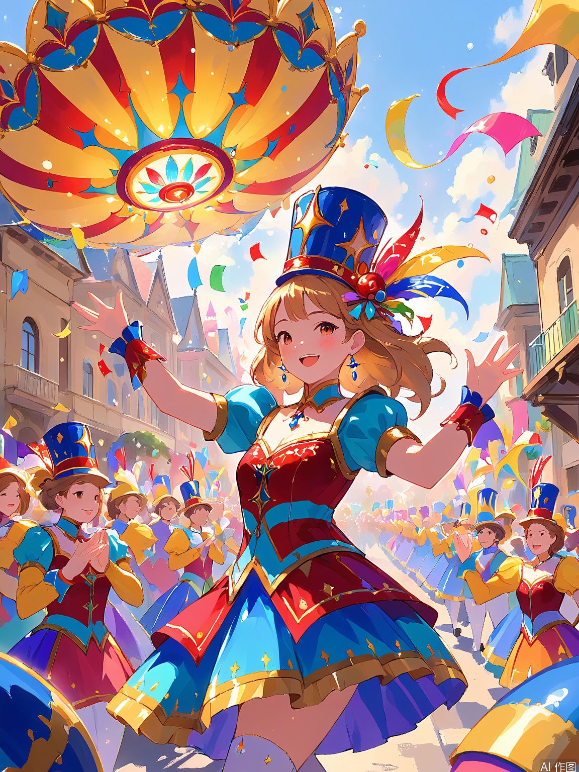 LCCH, A lively carnival parade with floats decorated in elaborate designs. Marching bands play lively tunes, and dancers in colorful costumes perform. The crowd cheers and claps, caught up in the festive atmosphere. The style is bold and celebratory.