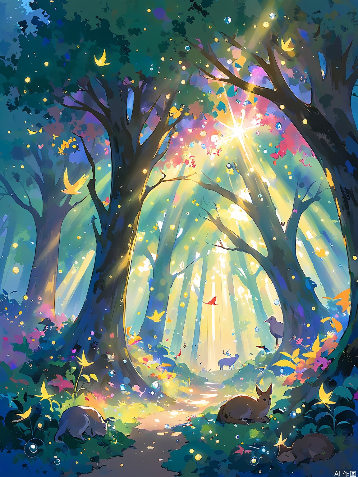 LCCH, A luminous forest at dawn, with rays of sunlight piercing through the canopy. The trees are adorned with colorful foliage, and dew drops sparkle on the leaves. Animals wake from their slumber, and birds begin their morning song. The style is serene and magical.