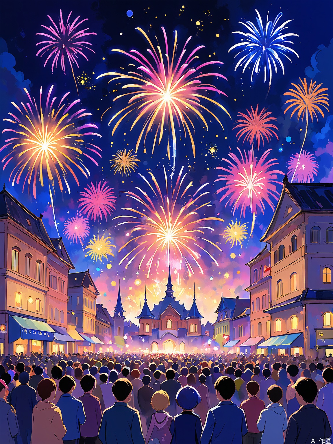 LCCH, A dazzling fireworks display lighting up the night sky. Colors explode in brilliant patterns, and the crowd oohs and ahhs in awe. The atmosphere is electric and celebratory, with a sense of wonder and magic in the air.