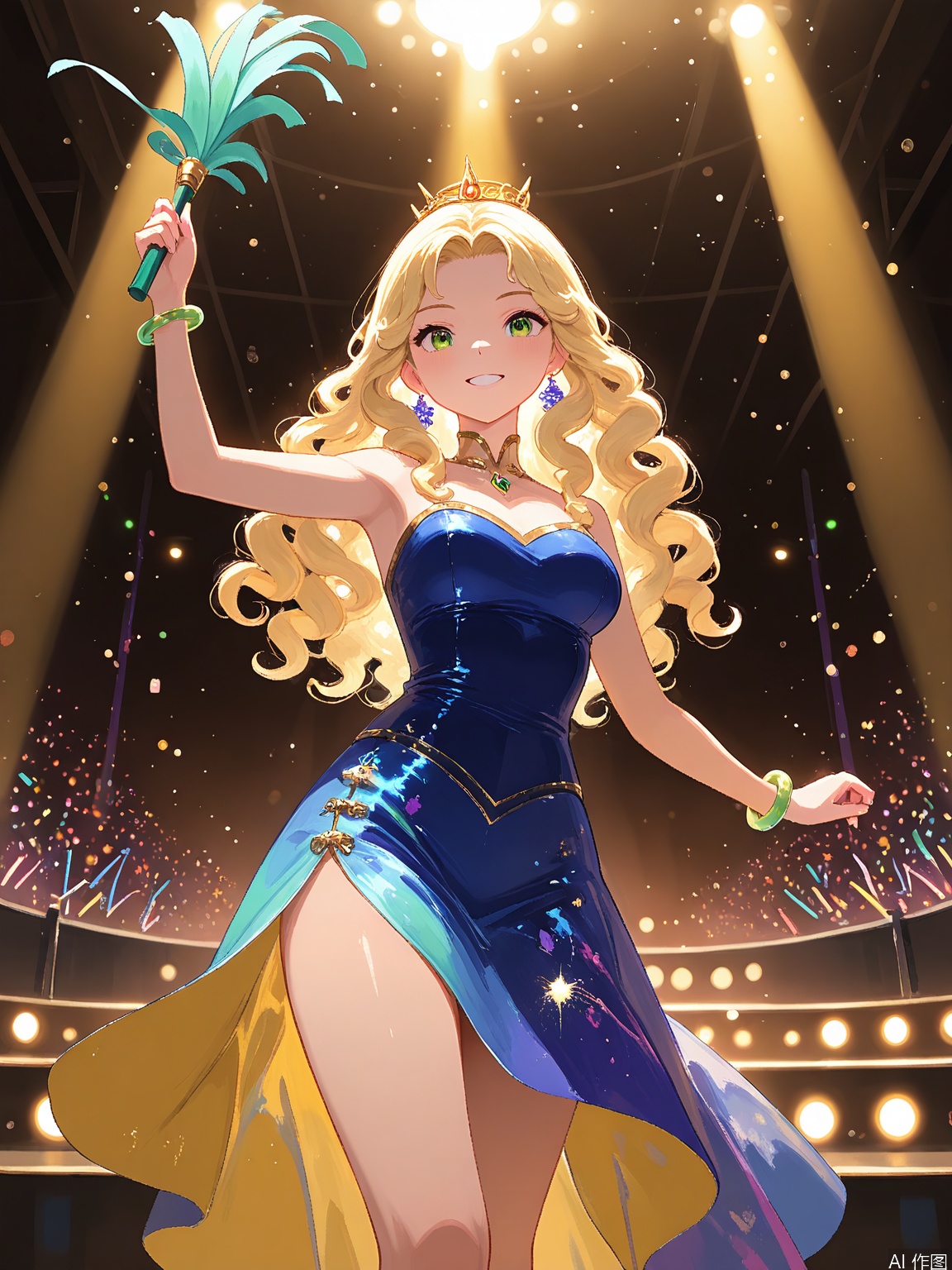 LCCH, A digital painting of two musicians, a guitarist and a violinist, standing on a stage bathed in soft amber lighting. One has dark curly hair and the other wavy blonde, both with expressive green eyes. The backdrop is a blur of colorful lights and cheering fans.
