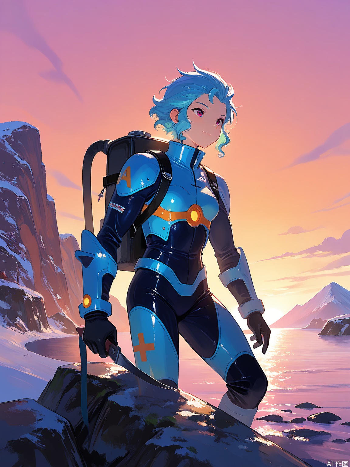 LCCH, A digital sketch of two adventurers, a climber and a diver, preparing for their next expedition. The climber has short spiky hair and the diver long wavy hair, both with adventurous hazel eyes. The background is a rugged mountain peak merging into a calm ocean, symbolizing their dual passions.
