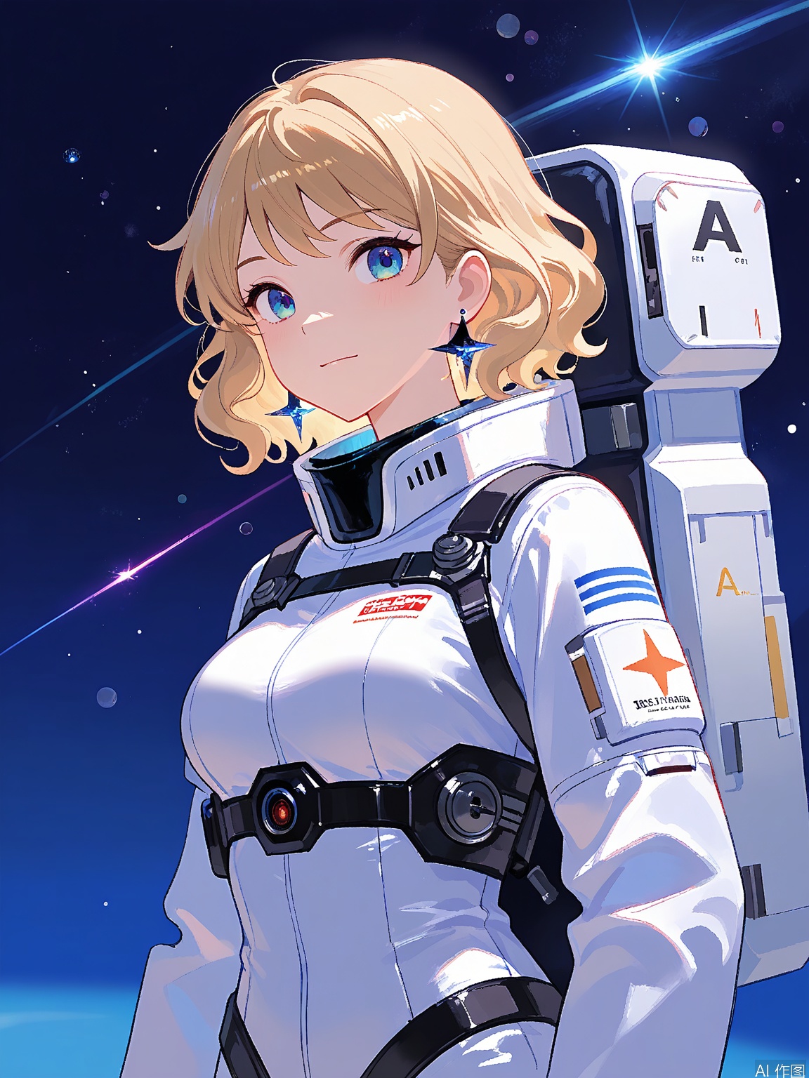 LCCH, A digital rendering of two astronauts, preparing for a space mission. One has wavy blond hair and the other short brown, both with determined blue eyes. The background is the vast expanse of space with distant stars and planets.
