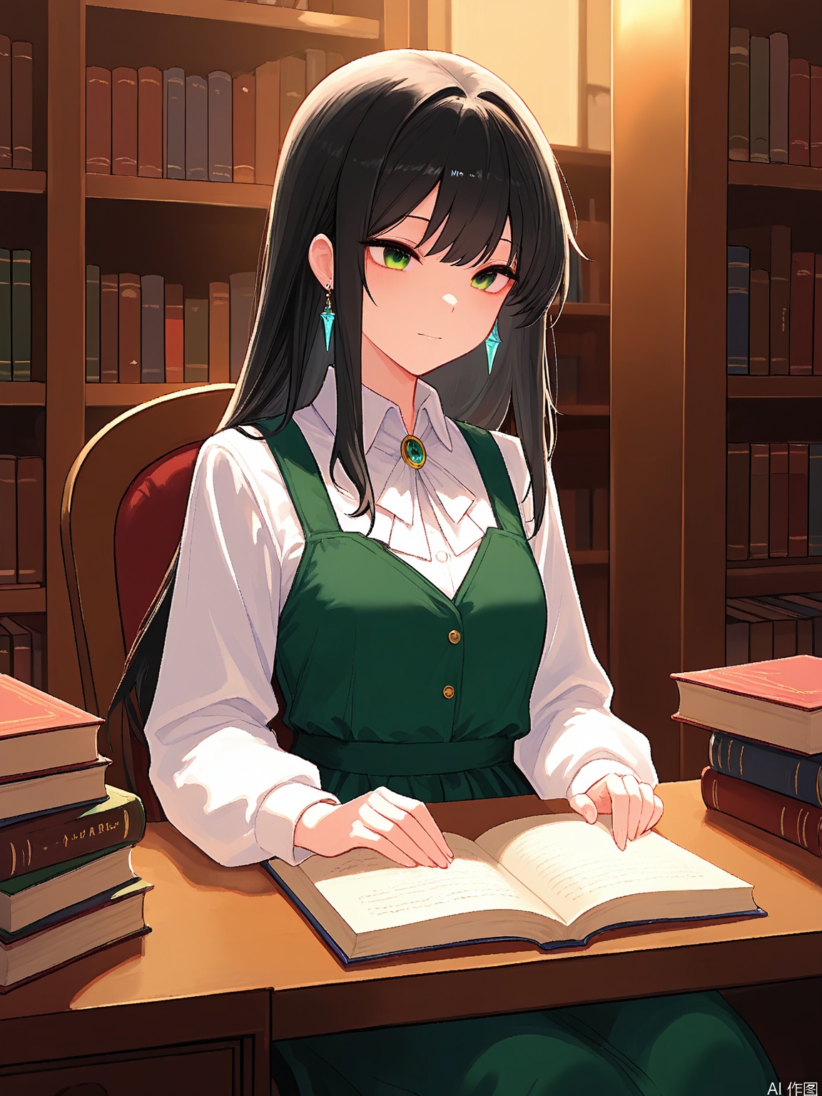LCCH, A digital rendering of two writers, a poet and a novelist, sitting at a wooden desk. One has long black hair and the other short red, both with thoughtful green eyes. The background is a library filled with books and manuscripts.
