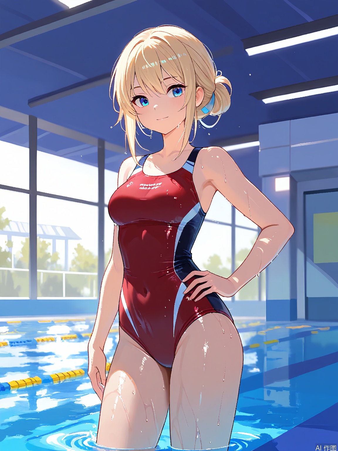 LCCH, A digital rendering of two athletes, a runner and a swimmer, posing together after a race. The runner has short blond hair and the swimmer long, wet brown locks, both with determined blue eyes. The background is a blend of athletic tracks and swimming pools, symbolizing their dual disciplines.
