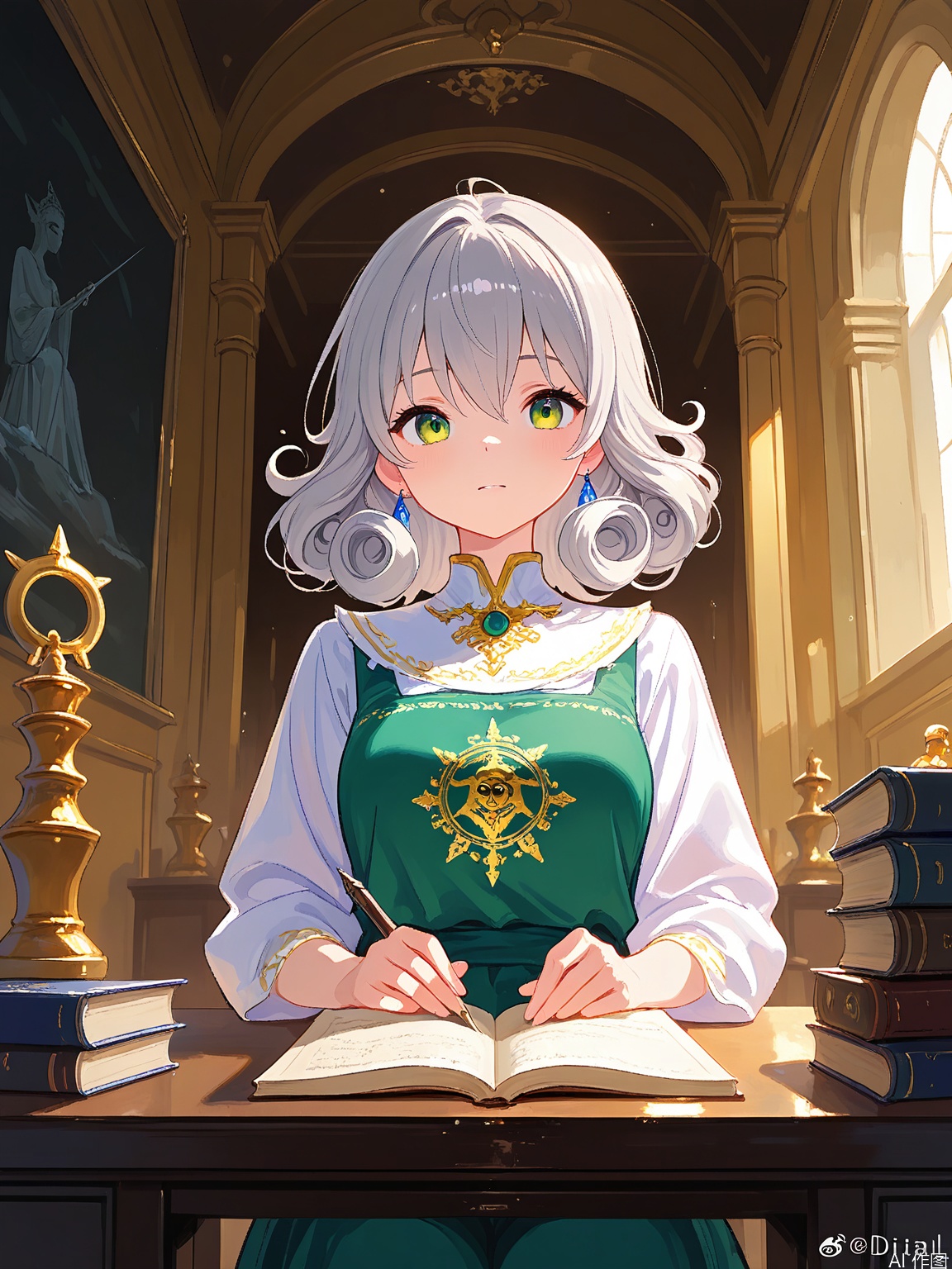 LCCH, A digital illustration of two historians, studying ancient artifacts. One has long gray hair and the other short and curly, both with wise green eyes. The backdrop is a museum filled with ancient relics and scrolls.
