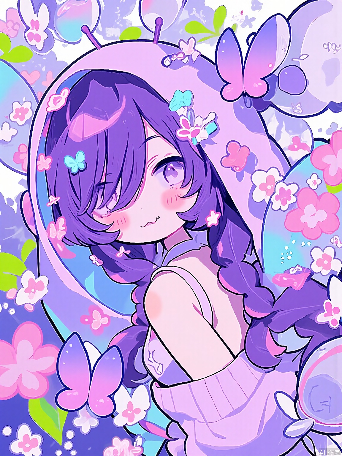 KAF, A charming anime-inspired drawing of a girl with long, braided hair in shades of purple and pink, wearing a whimsical, butterfly costume with delicate, translucent wings and antennae. The costume is adorned with floral patterns and tiny, iridescent beads. She has gentle, compassionate eyes and a serene, peaceful smile. The background is a flowery meadow, with butterflies fluttering around her.
