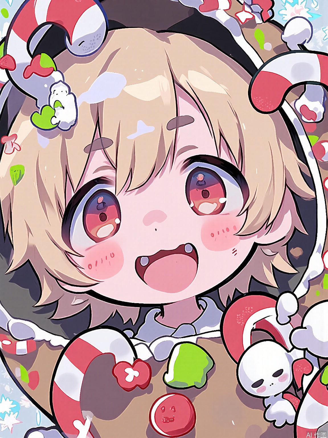 KAF, An adorable anime-style illustration of a boy with short, blond hair, wearing a cozy, gingerbread house costume with candy cane accents and a gumdrop button. The costume is made of soft, brown fabric with colorful, edible decorations. He has cheerful, festive eyes and a wide, excited grin. The background is a snowy, winter wonderland, with twinkling lights and decorated trees.
