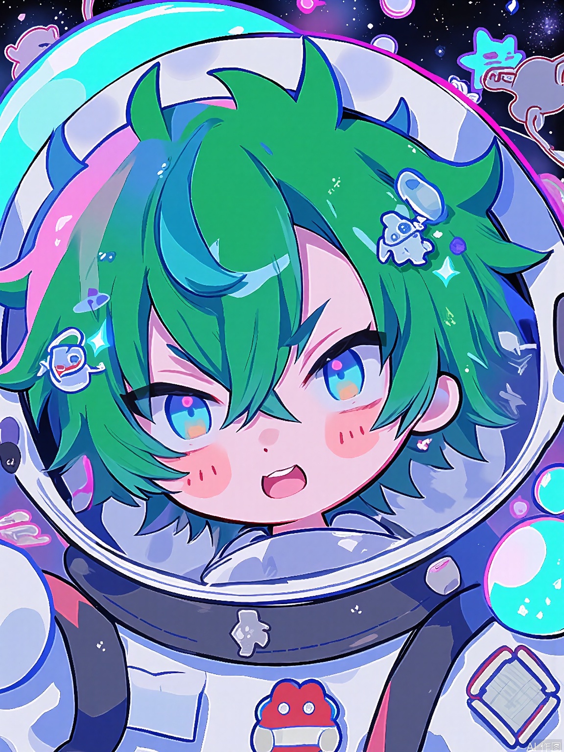 KAF, An endearing anime-style sketch of a boy with curly, green hair, dressed in a futuristic, astronaut costume with a sleek, silver helmet and glowing, neon accents. The suit is adorned with patches and badges from various space missions. He has determined, adventurous eyes and a confident, ready-for-anything expression. The backdrop is the vastness of space, with distant stars and galaxies.

