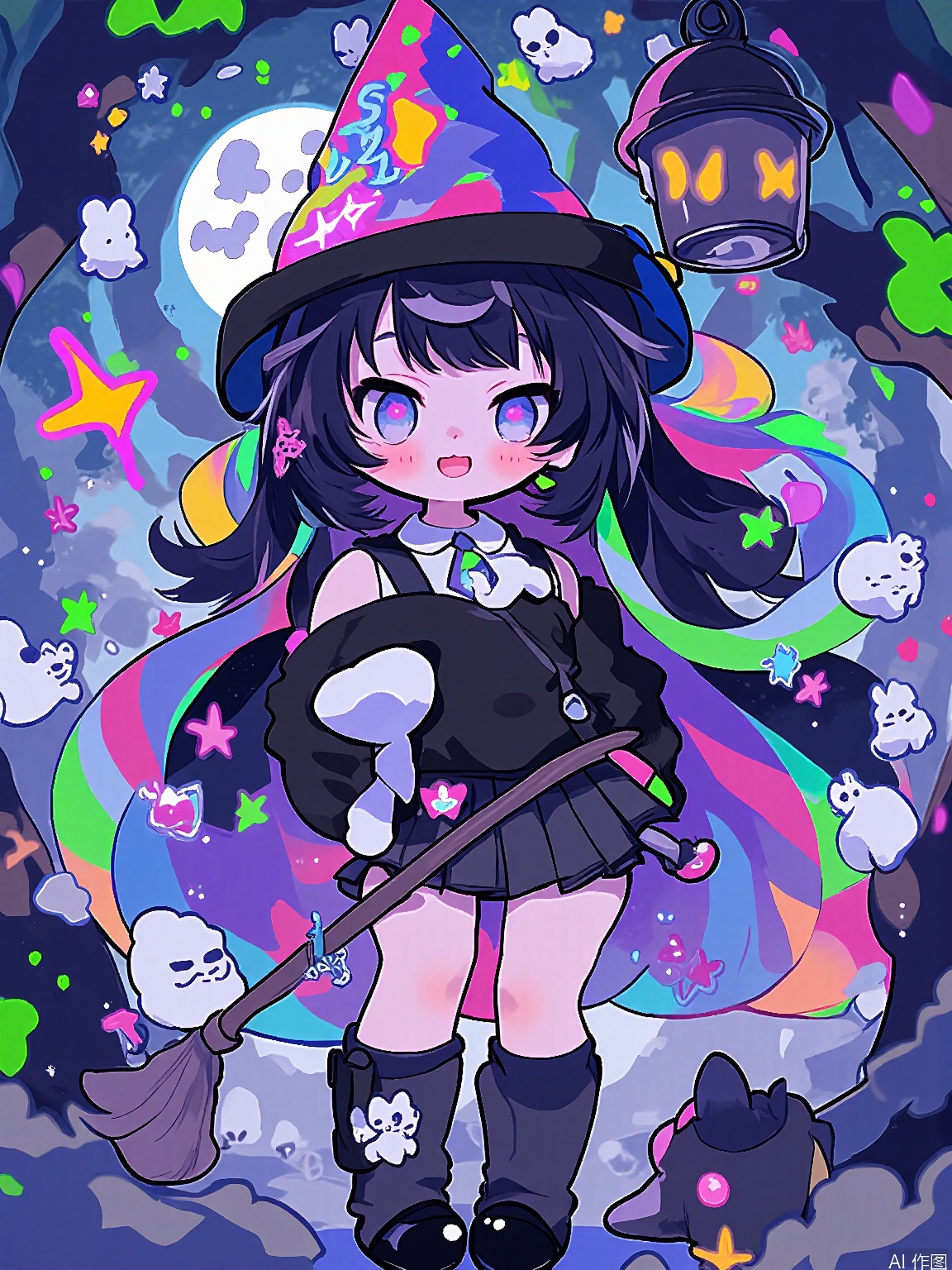 KAF, A charming anime-style drawing of a girl with curly, rainbow-colored hair, dressed in a magical, witch costume with a pointed hat, broom, and flowing, black cape. The costume is adorned with mystical symbols and sparkling, starry accents. She has wise, mysterious eyes and a confident, empowered expression. The backdrop is a moonlit forest, with spooky trees and glowing, will-o'-the-wisps.
