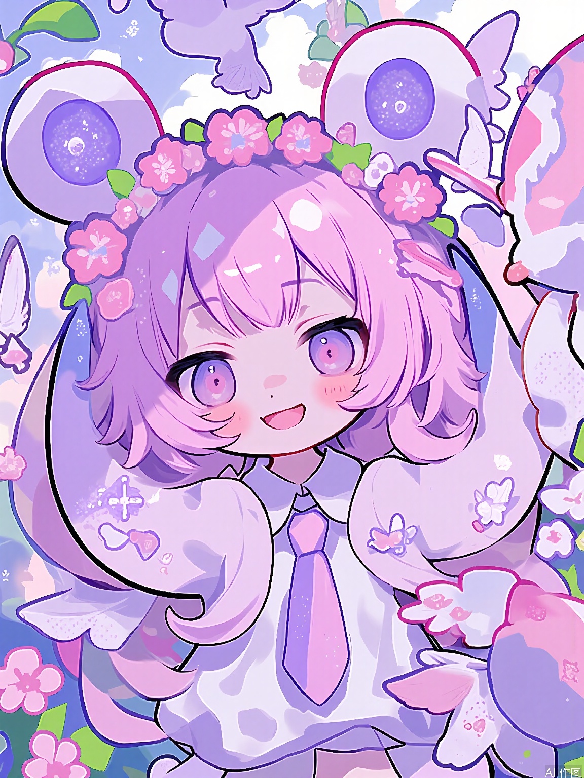 KAF, A charming anime-style drawing of a girl with twintails in shades of pink and lavender, wearing a cute, fairy costume with sparkly wings and a flower crown. The costume is made of sheer, pastel-colored fabric with fluttering, ribbon accents. She has innocent, curious eyes and a sweet, shy smile. The setting is a sunlit, flower-filled glade, with butterflies and hummingbirds.
