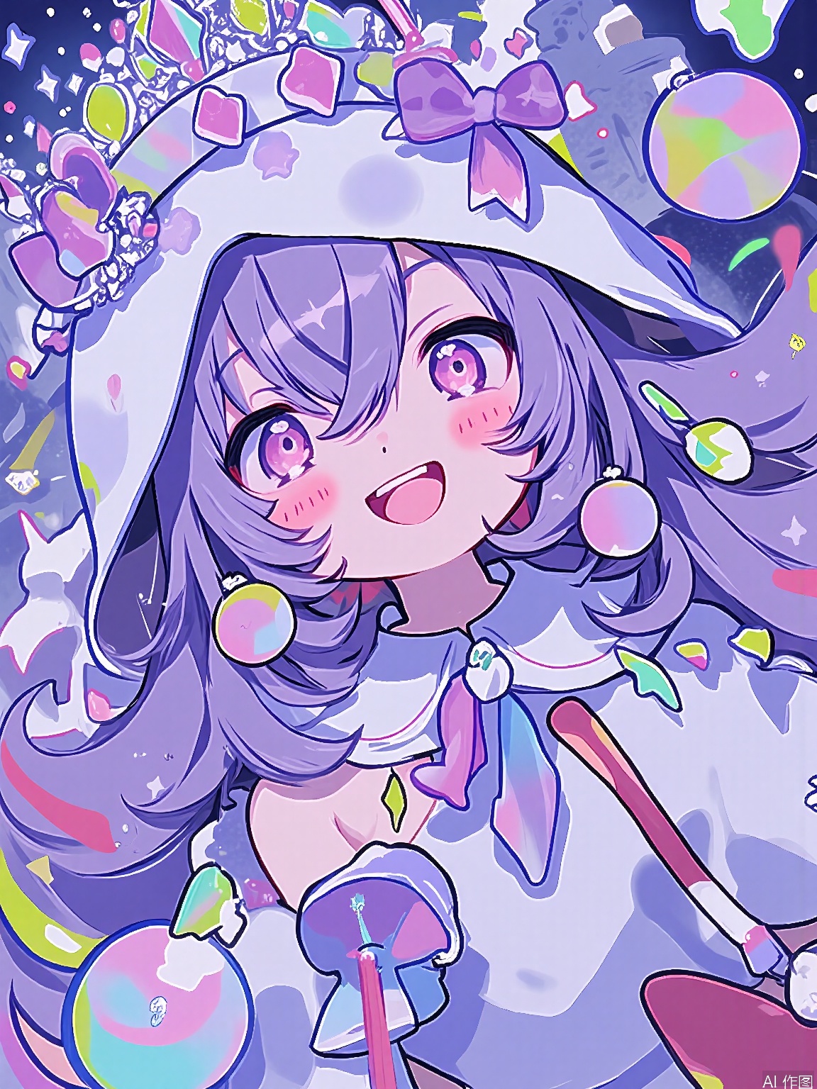 KAF, A whimsical anime-style portrayal of a girl with flowing, multicolored hair, clad in a dreamy, princess costume with layers of tulle, a tiara, and a magical wand. The costume is adorned with glittering, gemstones and delicate, lace detailing. She has sparkling, imaginative eyes and a joyful, radiant smile. The setting is a fairytale castle, with towering turrets and a drawbridge leading to the grand entrance.
