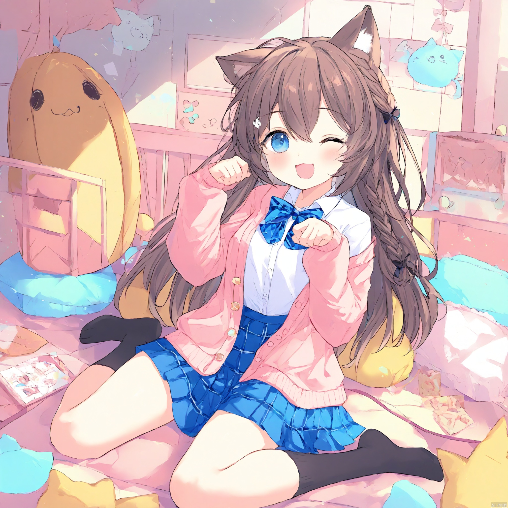 1girl,animal ears,one eye closed,solo,skirt,sitting,wariza,brown hair,socks,shirt,school uniform,blue eyes,cardigan,bow,cat ears,white shirt,paw pose,looking at viewer,bowtie,pleated skirt,open mouth,indoors,smile,blue bow,no shoes,braid,long sleeves,bangs,collared shirt,blush,kneehighs,long hair,blue bowtie,pillow,open clothes,blue skirt,hair between eyes,****,black socks,