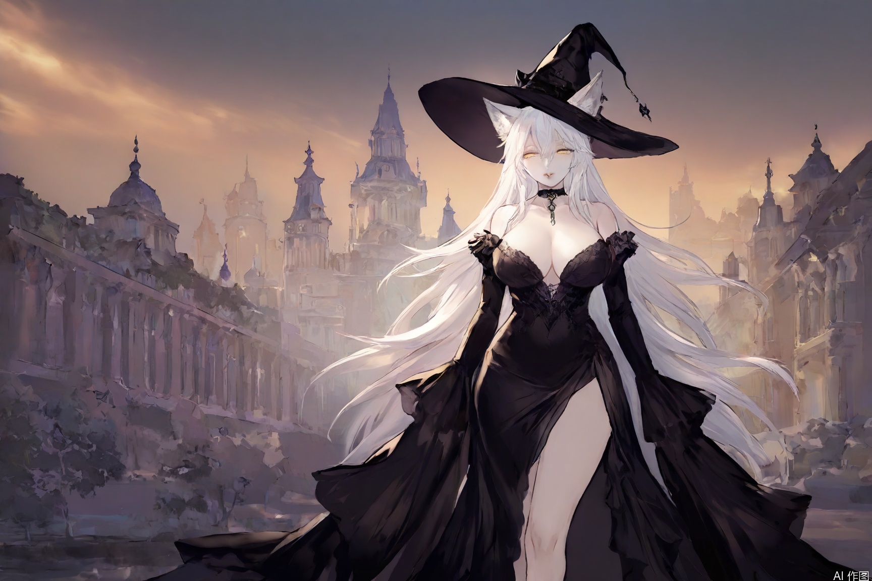 1girl,bestquality,masterpiece,white hair,yellow eyes,wolf ears,big breasts,half-closed eyes,mature_female,look at viewer,full_shot,hair between eyes,impasto,straight_hair,very long hair,lipstick,front view,looking_at_viewer,choker,incredibly absurdres,pastel_color,oil_painting,castle,evening_gown,witch_hat,