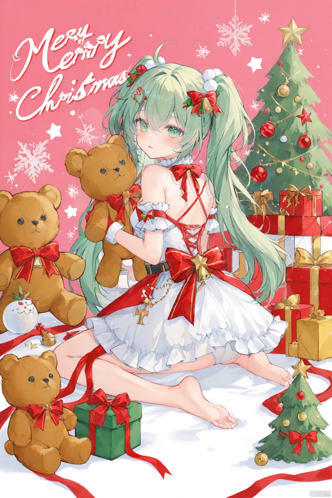 Girl as Santa, Kneeling, Christmas gifts, Green hair, Two ponytails, Red bows, Open back dress, White underwear, Festive background, Stars, Bells, Wreath, Teddy bear, Merry Christmas!,woman dressed as Santa, surrounded by gifts, sits on knees, Christmas decorations, gifts, stars, pink background, Christmas decorations, green hair,festive anime character, Santa theme outfit, teddy bear, Merry Christmas text, wreath