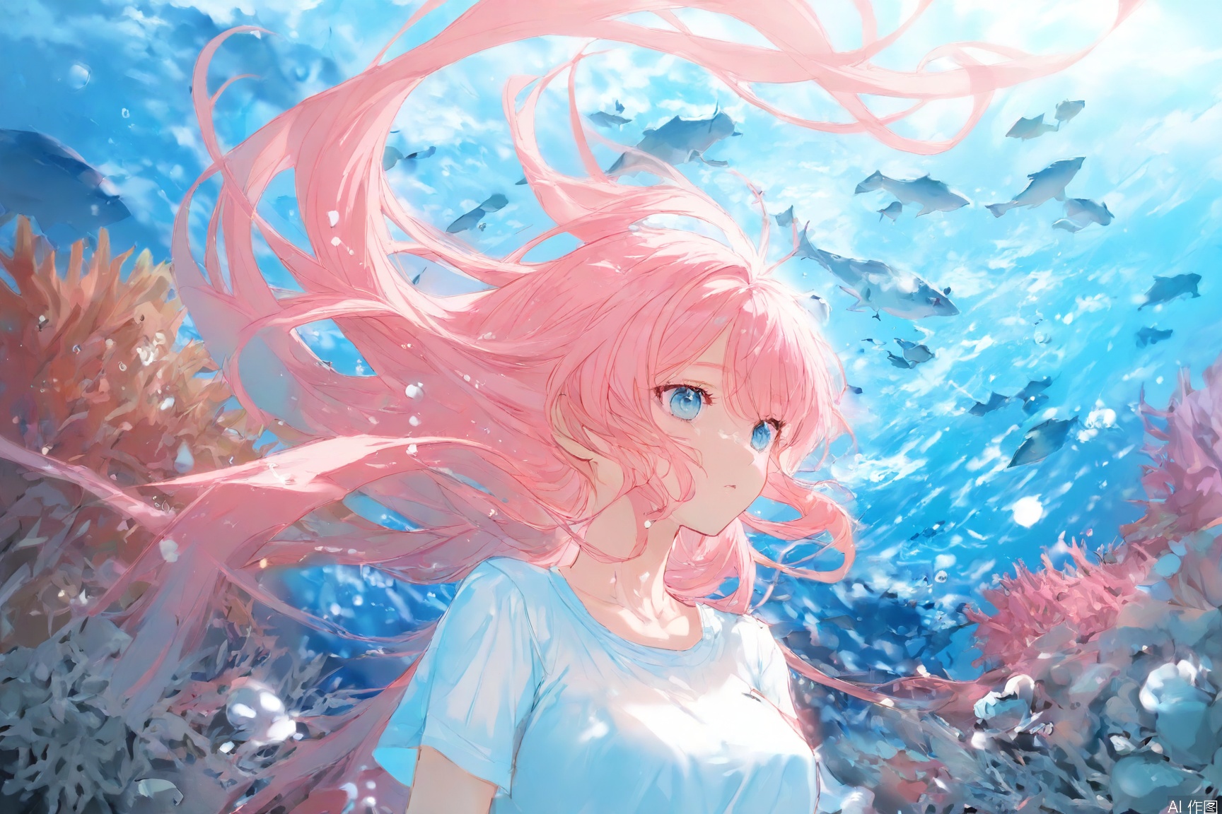 line art,ba,transparent,1girl,underwater,shirt,Coral reef,pink mist,pink hair,upper body,fantasy art,flowers,long hair flowing,HD +,8K,best quality,masterpiece,highly detailed,studio lighting,ultra-fine painting,sharp focus,physics-based rendering,extreme detail description,professional,masterpiece,best quality,exquisite,beautiful,