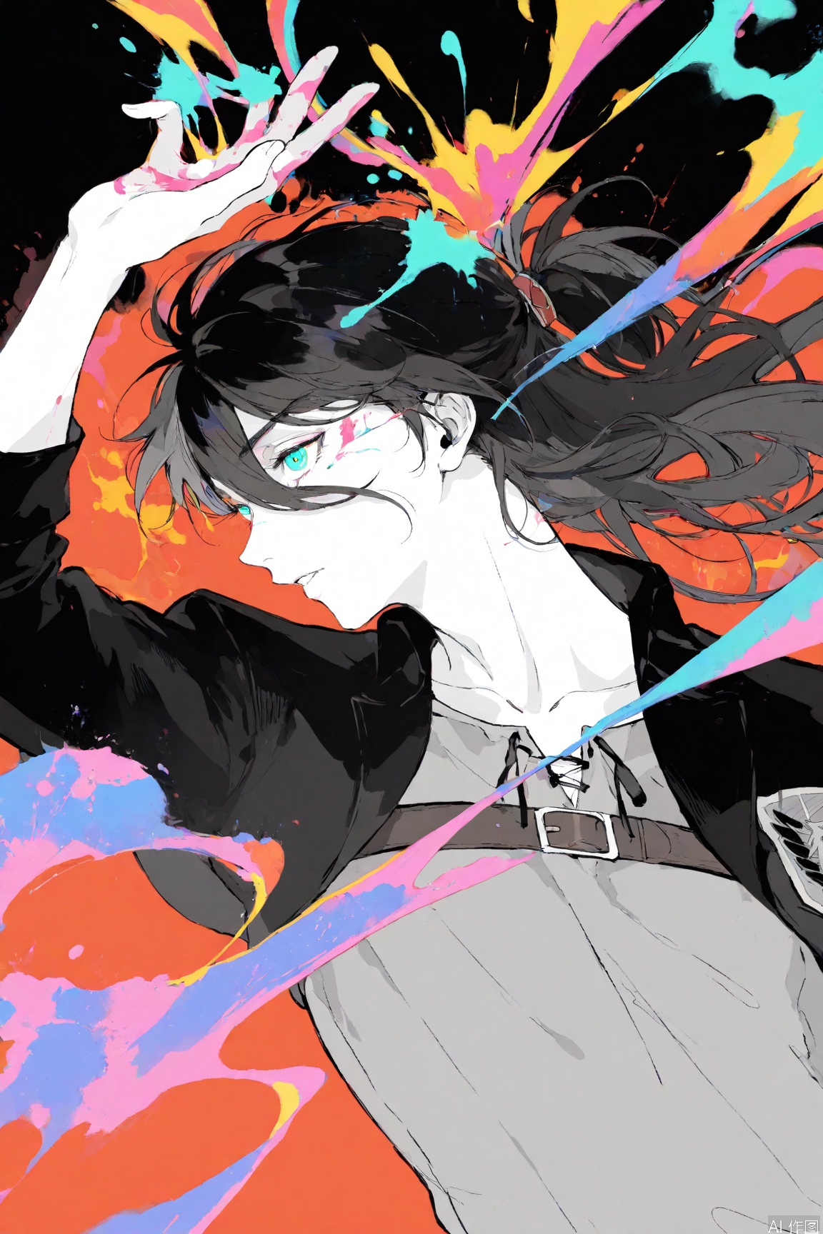 line art,hewu,Nai3 style,Eren Yeager（Attack on Titan),1boy,Long hair,hair tied upmasterpiece,bestquality,line art,flat color,limited palette,ink splatter,solo,masterpiece,best quality,good quality,newest,year 2024,year 2023,very aesthetic,absurdres,Visual impact,A shot with tension,ultra-high resolution,32K UHD,sharp focus,best-quality,masterpiece,Emotionalization,unconventional supreme masterpiece,masterful details,temperate atmosphere,with a high-end texture,in the style of fashion photography,(Visual impact:1.2),giving the poster a dynamic and visually striking appearance,impactful picture,offcial art,colorful,splash of color,movie perspective,